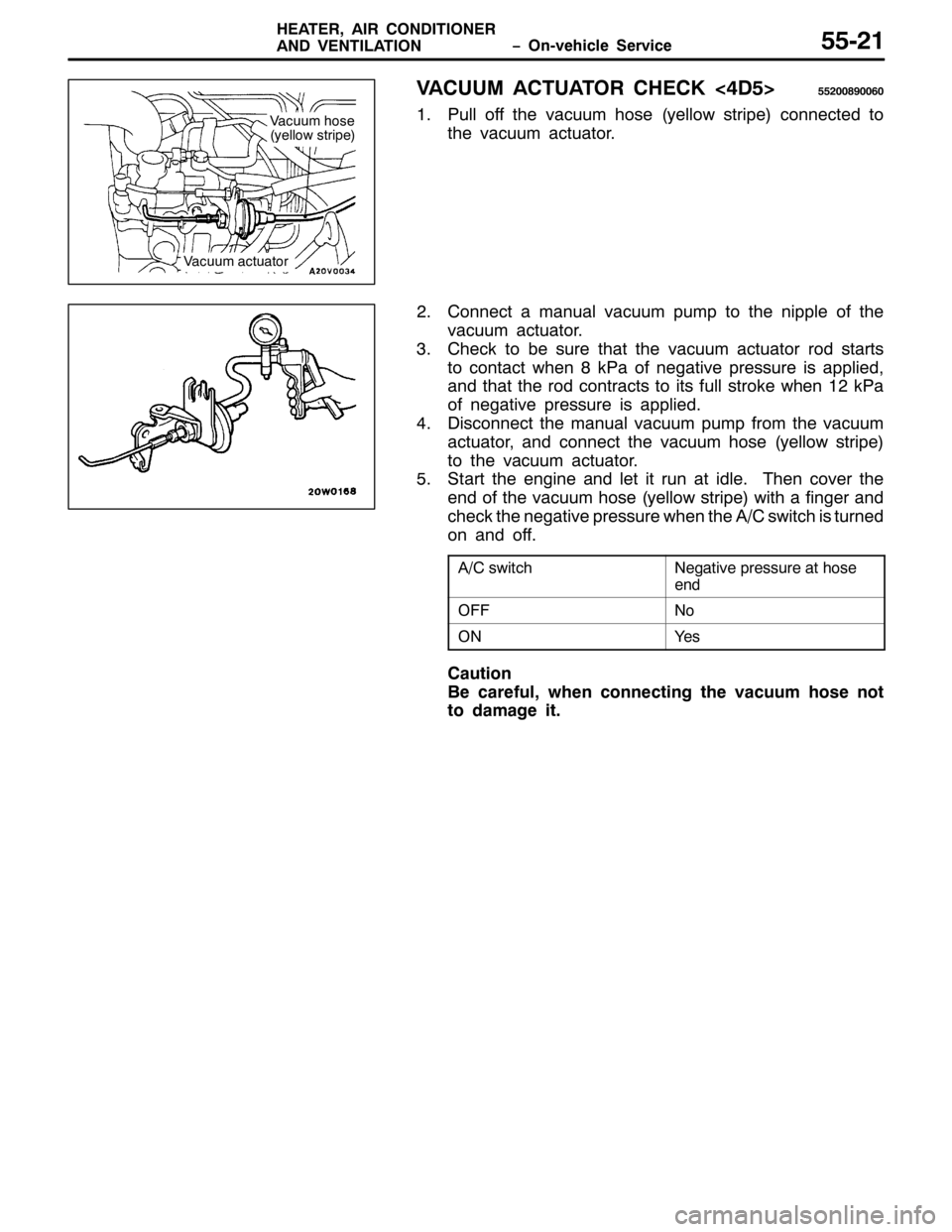 MITSUBISHI PAJERO SPORT 1998  Workshop Manual ï2Q0YHKLFOH 6HUYLFH +($7(5/$,5 &21,7,21(5
$1 9(17,/$7,2188054
9$&880 $&78$725 &+(&.?78!88533;<3393
413XOO RII WKH YDFXXP KRVH+\HOORZ VWULSH,FRQQHFWHG WR
WKH YDFXXP DFWXDWRU1
51&RQQHFW D PDQXDO YDF