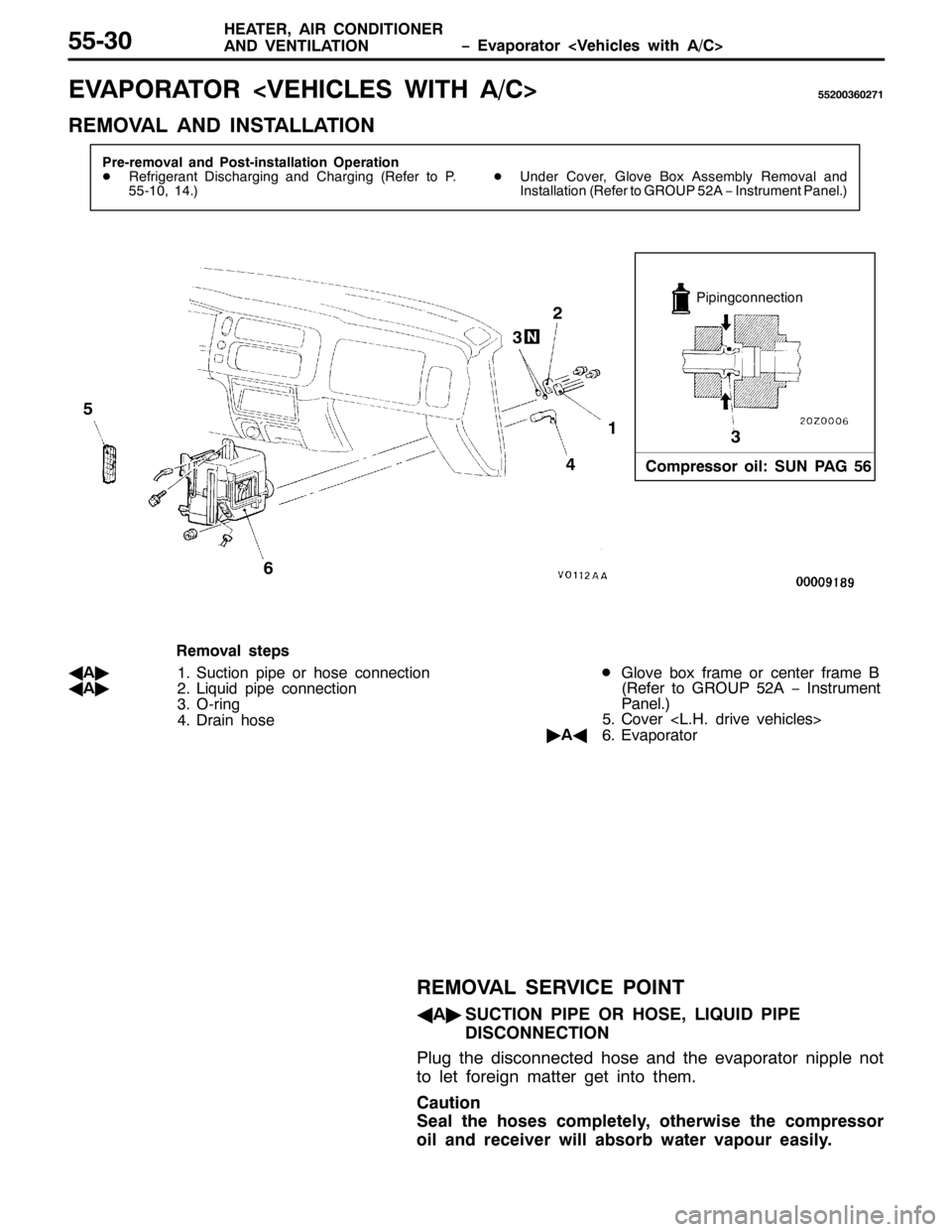 MITSUBISHI PAJERO SPORT 1998  Workshop Manual ï (YDSRUDWRU?9HKLFOHV ZLWK $2&! +($7(5/$,5 &21,7,21(5
$1 9(17,/$7,2188063
(9$325$725?9(+,&/(6 :,7+ $2&!885336935:4
5(029$/ $1 ,167$//$7,21
3UH0UHPRYDO DQG 3RVW0LQVWDOODWLRQ 2SHUDWLRQ
-5HIULJHUDQW 