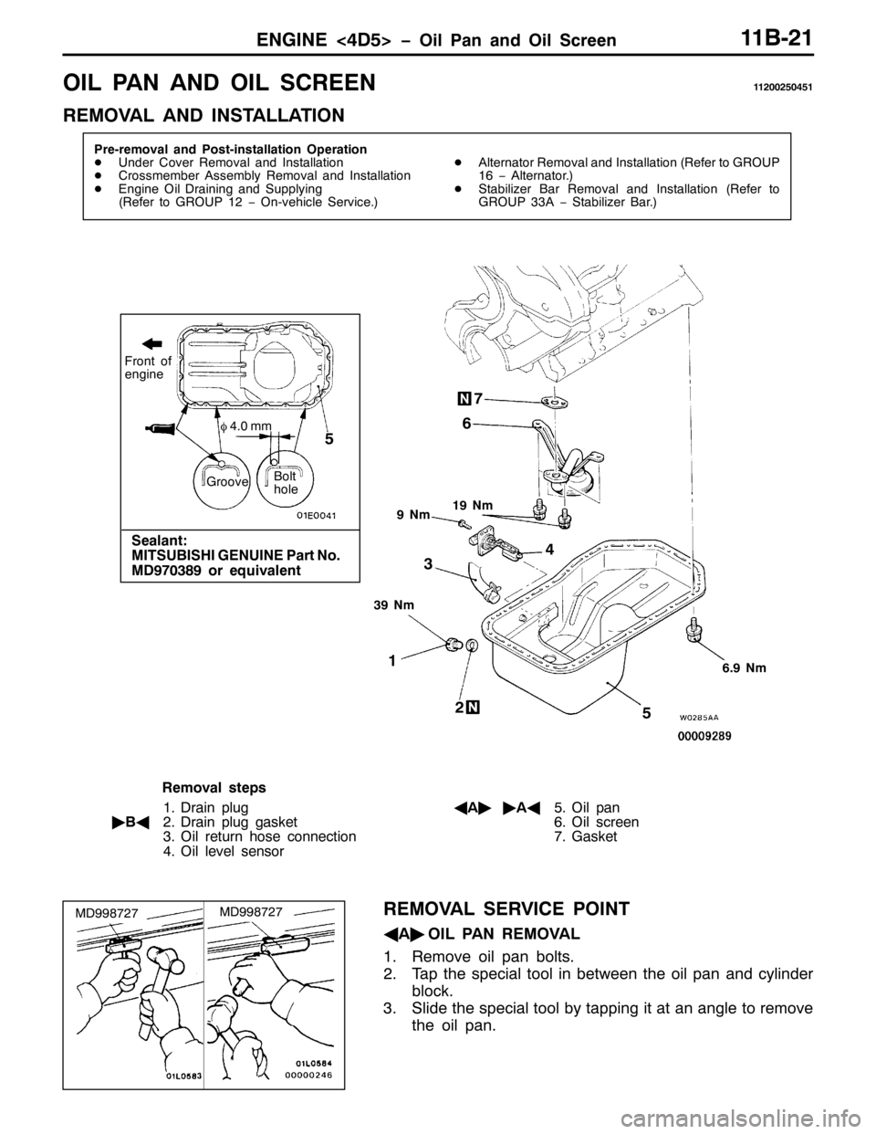 MITSUBISHI PAJERO SPORT 1998  Workshop Manual (1*,1(?78!ï2LO 3DQ DQG 2LO 6FUHHQ44%054
2,/ 3$1 $1 2,/ 6&5((144533583784
5(029$/ $1 ,167$//$7,21
3UH0UHPRYDO DQG 3RVW0LQVWDOODWLRQ 2SHUDWLRQ
-8QGHU &RYHU 5HPRYDO DQG ,QVWDOODWLRQ
-&URVVPHPEHU $VVH