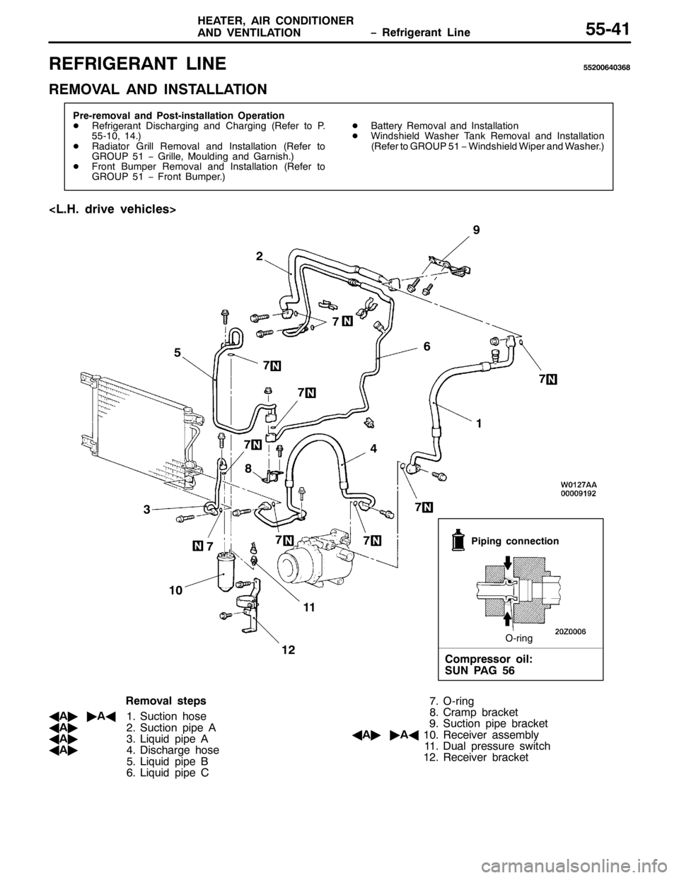 MITSUBISHI PAJERO SPORT 1998  Workshop Manual ï 5HIULJHUDQW /LQH +($7(5/$,5 &21,7,21(5
$1 9(17,/$7,2188074
5()5,*(5$17 /,1(8853397369;
5(029$/ $1 ,167$//$7,21
3UH0UHPRYDO DQG 3RVW0LQVWDOODWLRQ 2SHUDWLRQ
-5HIULJHUDQW LVFKDUJLQJ DQG &KDUJLQJ+5