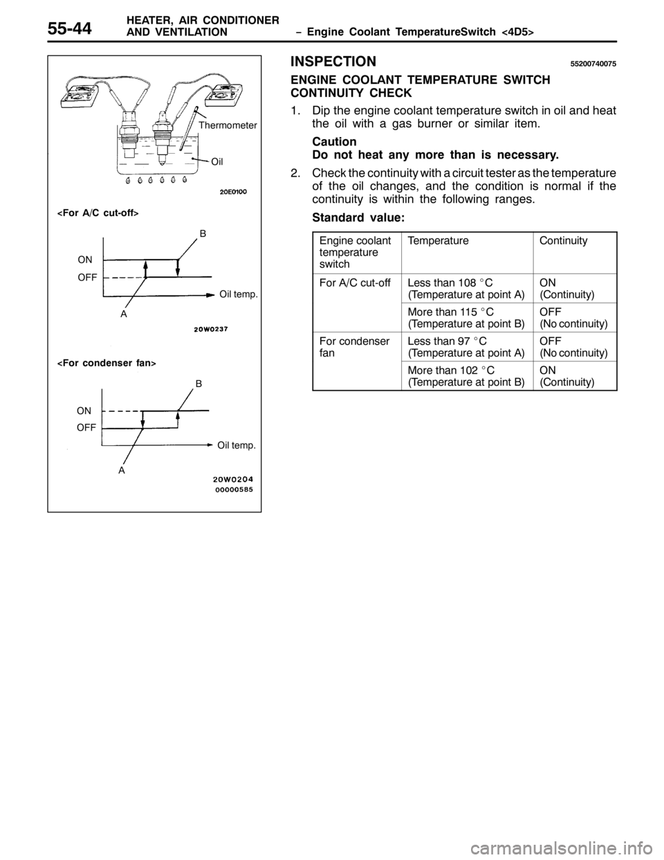MITSUBISHI PAJERO SPORT 1998  Workshop Manual ï (QJLQH &RRODQW 7HPSHUDWXUH6ZLWFK?78! +($7(5/$,5 &21,7,21(5
$1 9(17,/$7,2188077
,163(&7,2188533:733:8
(1*,1( &22/$17 7(03(5$785( 6:,7&+
&217,18,7< &+(&.
41LS WKH HQJLQH FRRODQW WHPSHUDWXUH VZLWF