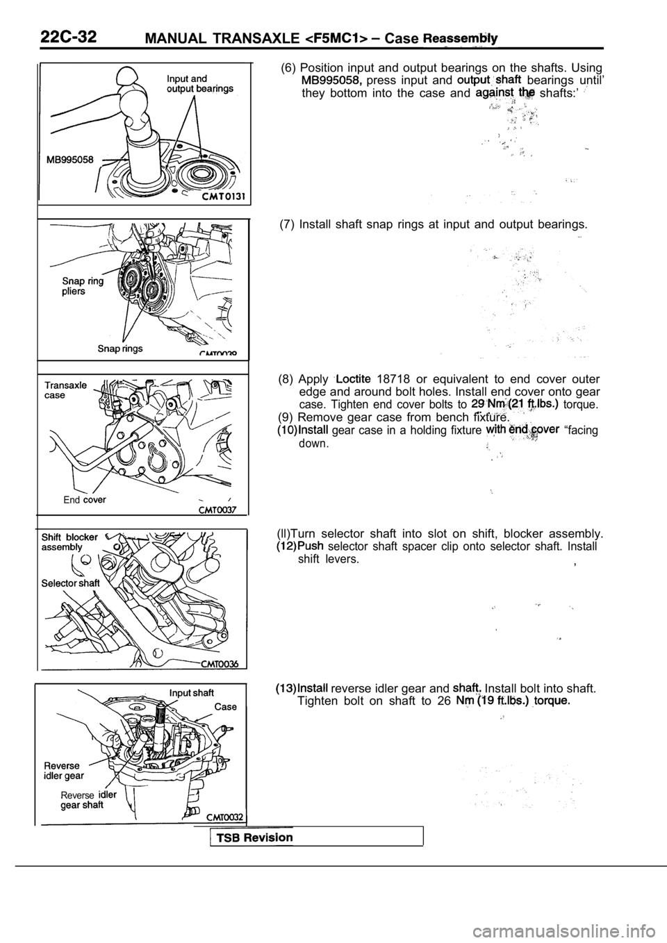 MITSUBISHI SPYDER 1990  Service Repair Manual MANUAL  TRANSAXLE  Case 
End
Reverse
(6)  Position  input  and  output  bearings  on  the  shafts.  Using
  press  input  and   bearings  until’
they  bottom  into  the  case  and 
  shafts:’   , 