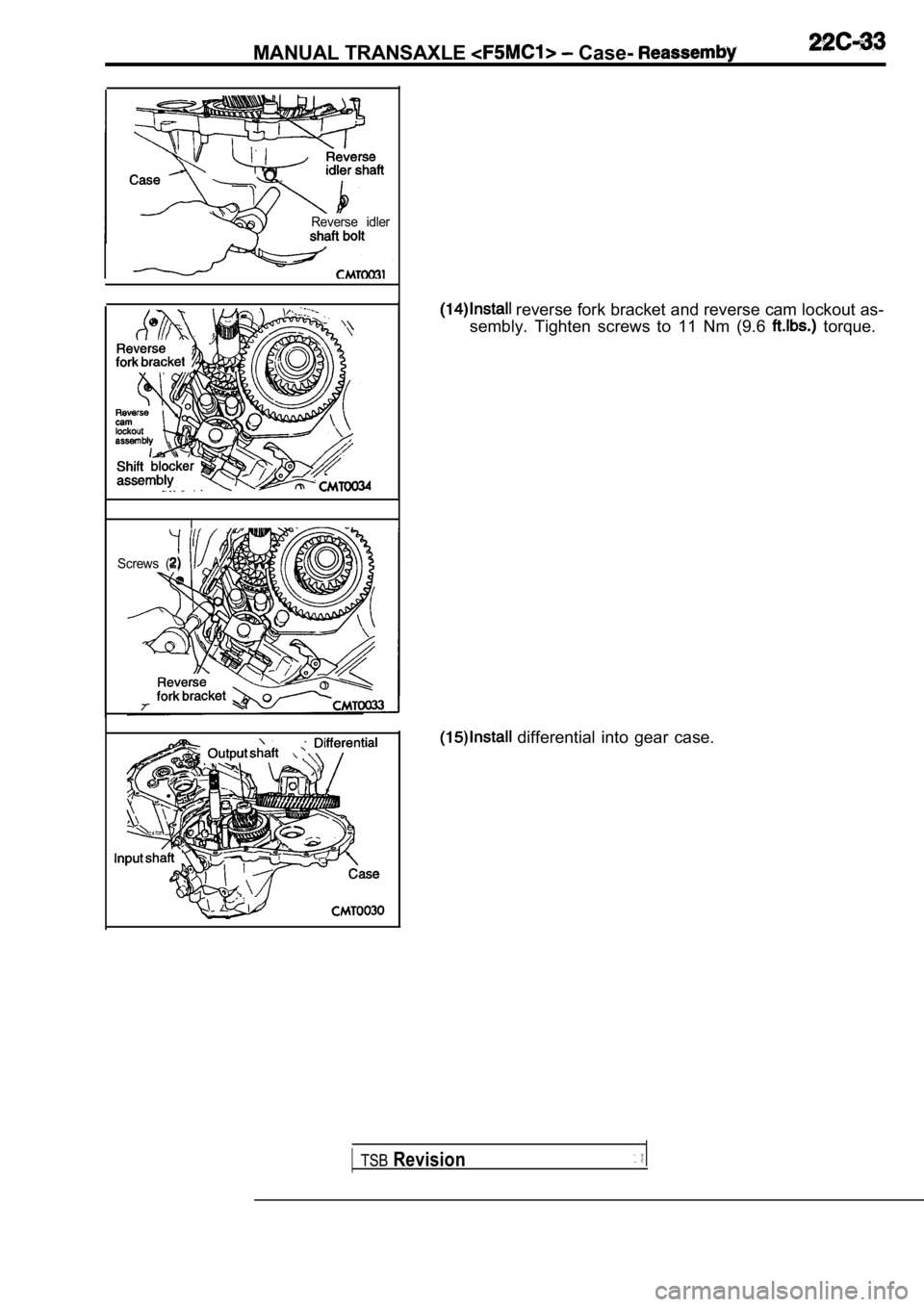 MITSUBISHI SPYDER 1990  Service Repair Manual MANUAL TRANSAXLE  Case- 
Reverse  idler
Screws  (2)A
TSBRevision
 reverse fork bracket and reverse cam lockout as-
sembly.  Tighten  screws  to  11  Nm  (9.6 
  torque.
  differential  into  gear  cas