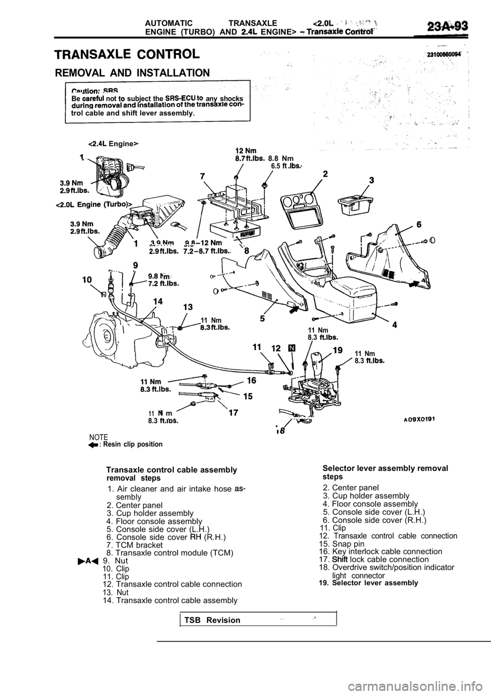 MITSUBISHI SPYDER 1990  Service Repair Manual AUTOMATIC  TRANSAXLE 
ENGINE  (TURBO)  AND   ENGINE> 
REMOVAL  AND  INSTALLATION
Be not   subject  the   any  shocks
trol cable and shift lever assembly.
 Engine>
  8.8  Nm6.5
11  Nm
11  Nm8.3
118.3l 