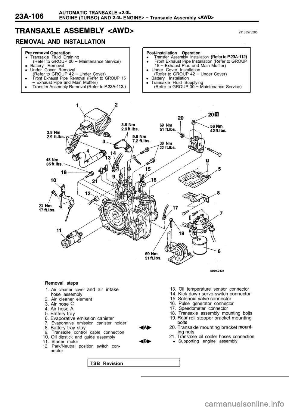 MITSUBISHI SPYDER 1990 Service Repair Manual AUTOMATIC TRANSAXLE
ENGINE (TURBO) AND ENGINE> Transaxle Assembly
REMOVAL ANDINSTALLATION
23100570205
Operation
l Transaxle Fluid Draining
(Refer to GROUP 00
Maintenance Service)
l B MITSUBISHI SPYDER 1990 Service Repair Manual AUTOMATIC TRANSAXLE
ENGINE (TURBO) AND ENGINE> Transaxle Assembly
REMOVAL ANDINSTALLATION
23100570205
Operation
l Transaxle Fluid Draining
(Refer to GROUP 00
Maintenance Service)
l B