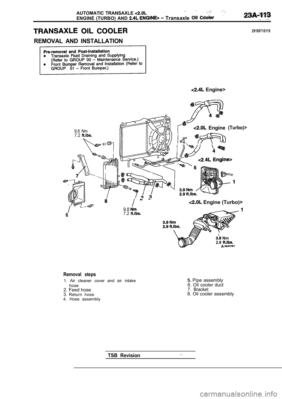 MITSUBISHI SPYDER 1990  Service Repair Manual AUTOMATIC  TRANSAXLE 
ENGINE  (TURBO)  AND   Transaxle 
REMOVAL  AND  INSTALLATION
  Engine>
  Engine(Turbo)>9.8  Nm7.2
.
 Engine (Turbo)>
6
9.87.2
 Nm
2.9
29199710119
Removal  steps
1.  Air  cleaner 