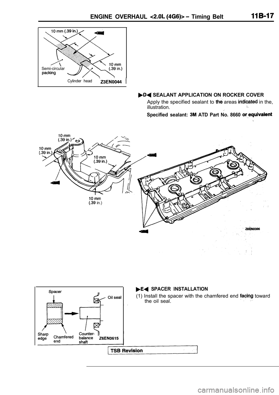 MITSUBISHI SPYDER 1990  Service Repair Manual ENGINE  OVERHAUL   Timing  Belt
Semi-circularCylinder  head
 SEALANT APPLICATION ON ROCKER COVER
Apply the specified sealant to 
 areas  in the,
illustration.
Specified  sealant:   ATD  Part  No.  866