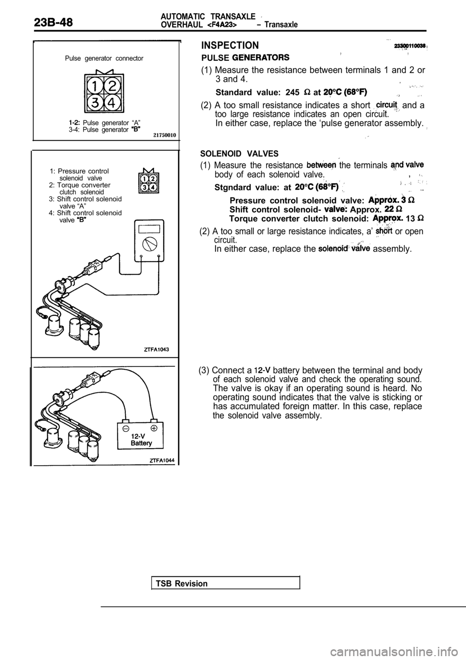 MITSUBISHI SPYDER 1990 Service Repair Manual AUTOMATIC TRANSAXLE
OVERHAUL Transaxle
Pulse generator connector
Pulse generator “A”
3-4: Pulse generator
21750010
1: Pressure controlsolenoid valve2: Torque converterclutch sole MITSUBISHI SPYDER 1990 Service Repair Manual AUTOMATIC TRANSAXLE
OVERHAUL Transaxle
Pulse generator connector
Pulse generator “A”
3-4: Pulse generator
21750010
1: Pressure controlsolenoid valve2: Torque converterclutch sole