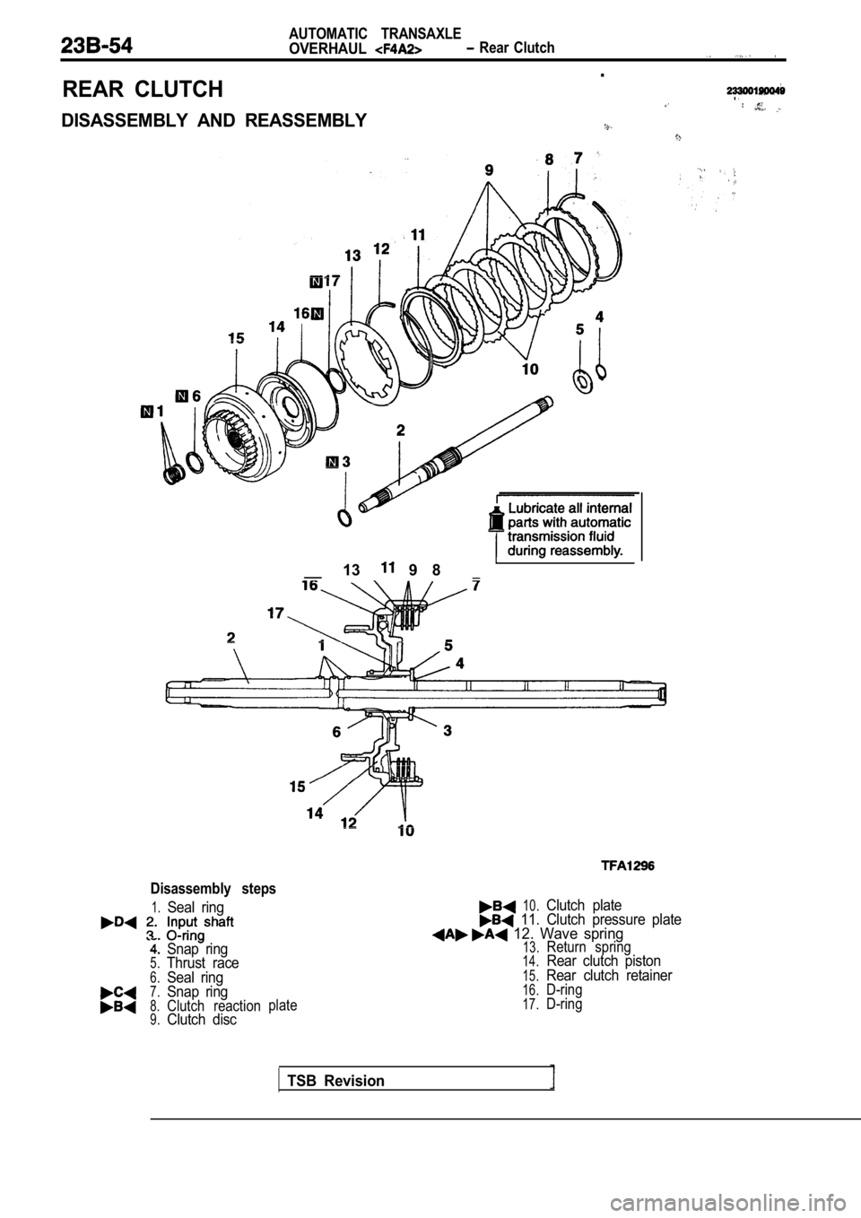 MITSUBISHI SPYDER 1990  Service Repair Manual AUTOMATIC  TRANSAXLE
OVERHAUL  Rear  Clutch
.
REAR  CLUTCH.
DISASSEMBLY  AND  REASSEMBLY
__  13   9  8
Disassembly  steps
1.Seal  ring
  Snap  ring5.Thrust  race
6.Seal  ring7.Snap  ring8.Clutch  reac