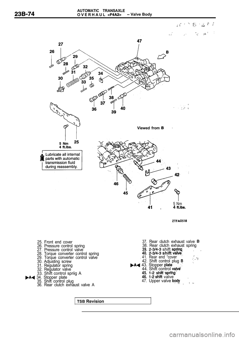 MITSUBISHI SPYDER 1990  Service Repair Manual AUTOMATIC  TRANSAXLE
O V E R H A U L Valve Body
.
I
Viewed  from 
25.  Front  end  cover 
26.  Pressure  control  spring
27.  Pressure  control  valve
28.  Torque  converter  control  spring
29.  Torq