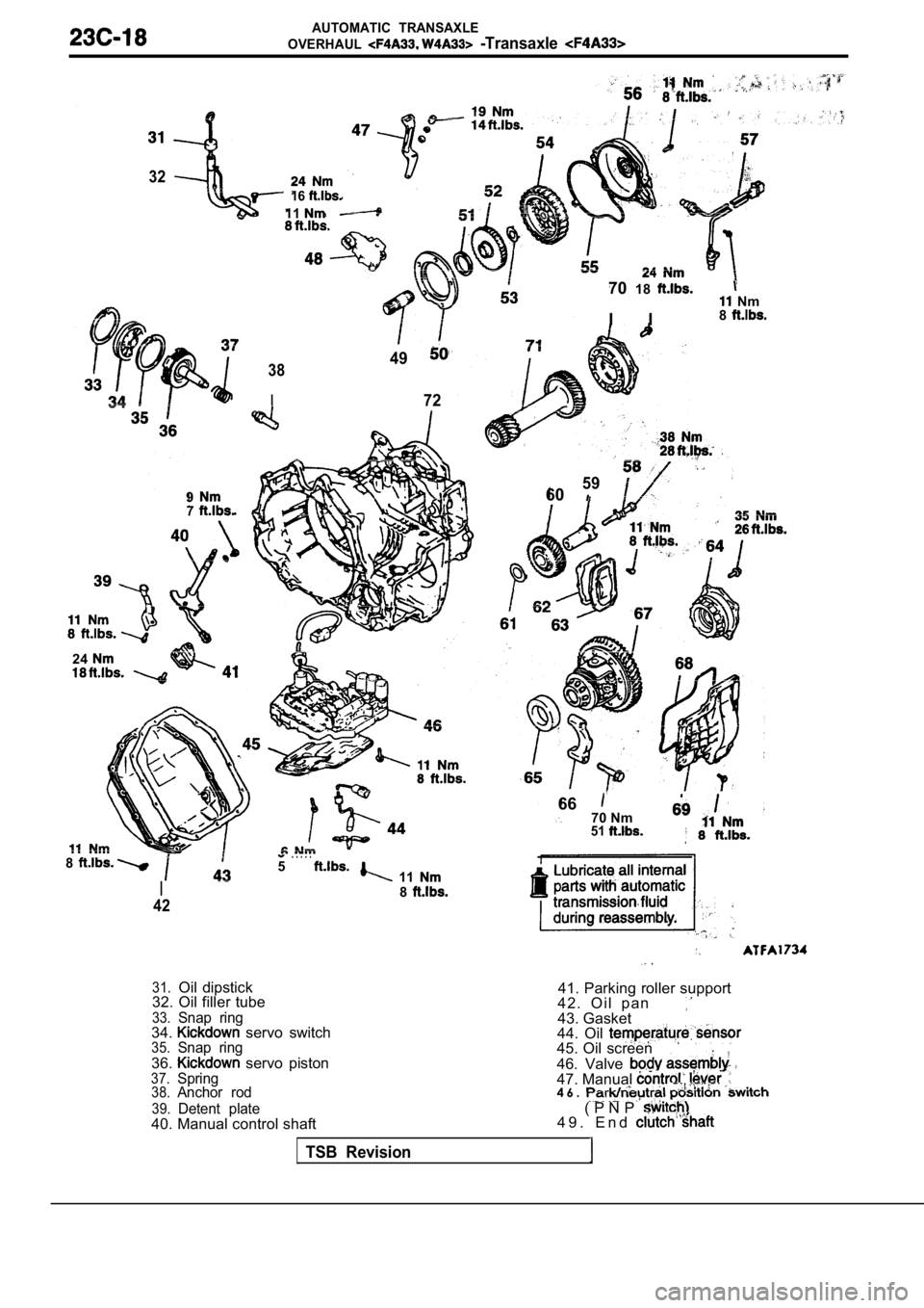 MITSUBISHI SPYDER 1990  Service Repair Manual AUTOMATIC  TRANSAXLE
OVERHAUL
  -Transaxle 
32
16
11
70 18
I  I
  Nm
8
4938
I72
97
24
8. . . . .5
I
42
  11 8
31.Oil  dipstick
32. Oil filler tube
33.Snap  ring34.  servo  switch35.Snap  ring
36.  ser