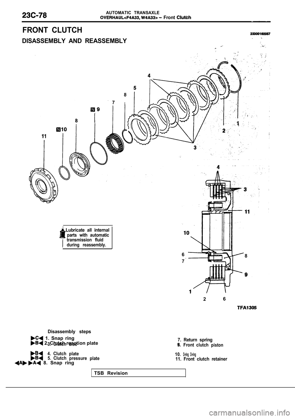 MITSUBISHI SPYDER 1990  Service Repair Manual AUTOMATIC  TRANSAXLE  Front   , 
FRONT  CLUTCH
DISASSEMBLY  AND  REASSEMBLY
8
8
7I
Disassembly  steps
  1.  Snap  ring 2. Clutch reaction plate3.Clutchdisc
4. Clutchplate5. Clutchpressureplate  8.  Sn
