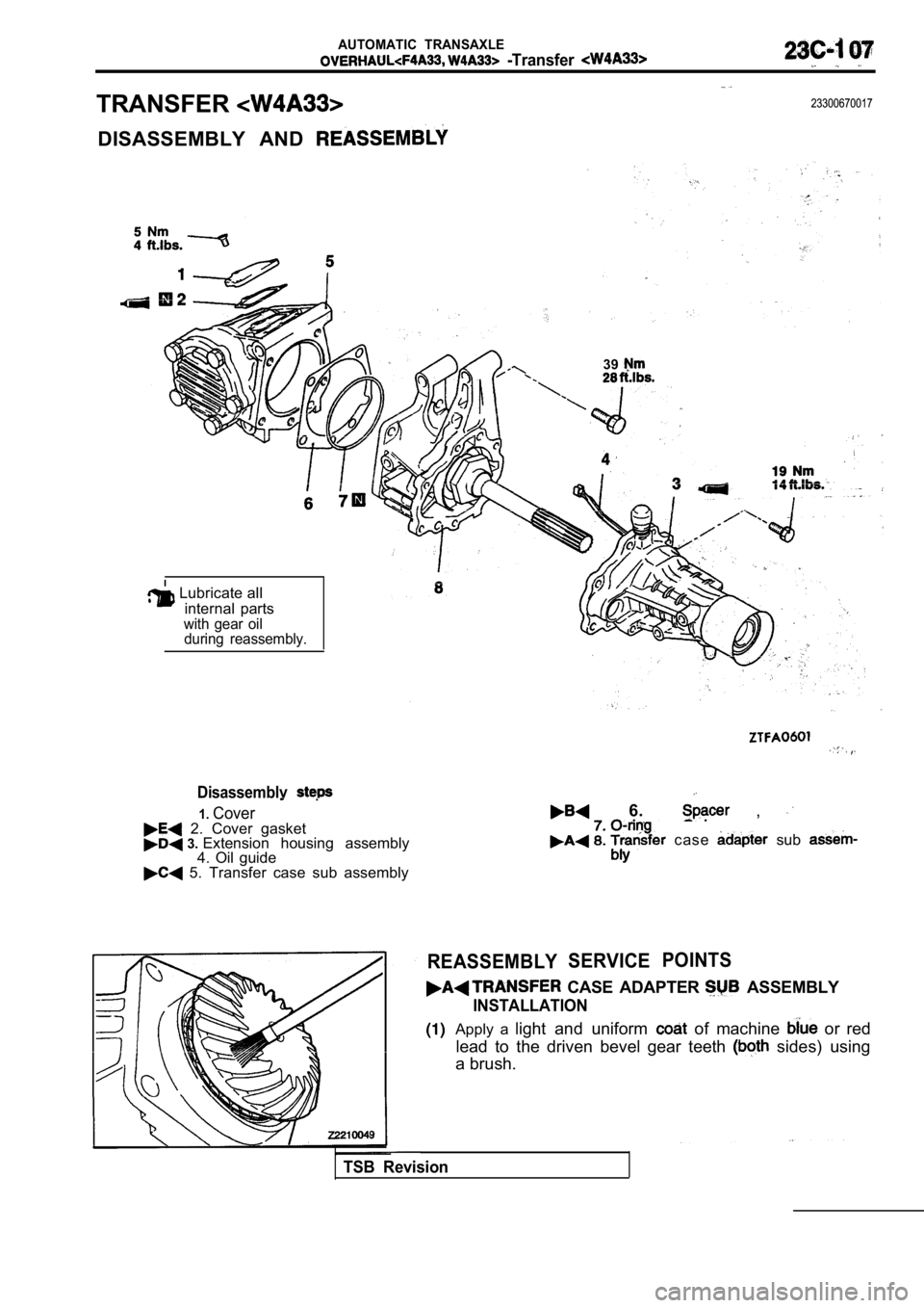 MITSUBISHI SPYDER 1990  Service Repair Manual AUTOMATIC  TRANSAXLE
  -Transfer 
TRANSFER23300670017
DISASSEMBLY  AND 
39
 Lubricate all internal  parts
with  gear  oilduring  reassembly.
Disassemblv  .
1.Cover  2.  Cover  gasket 3.  Extension  ho