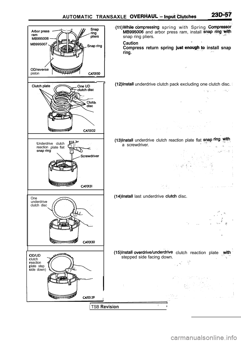 MITSUBISHI SPYDER 1990  Service Repair Manual AUTOMATIC  TRANSAXLE 
clutchreaction
plate  step 
side  down)
piston
Underdrive  clutch
reactionplate  flat
One underdrive
clutch  disc
I
  s p r i n g   w i t h   S p r i n g  
  and  arbor  press  r