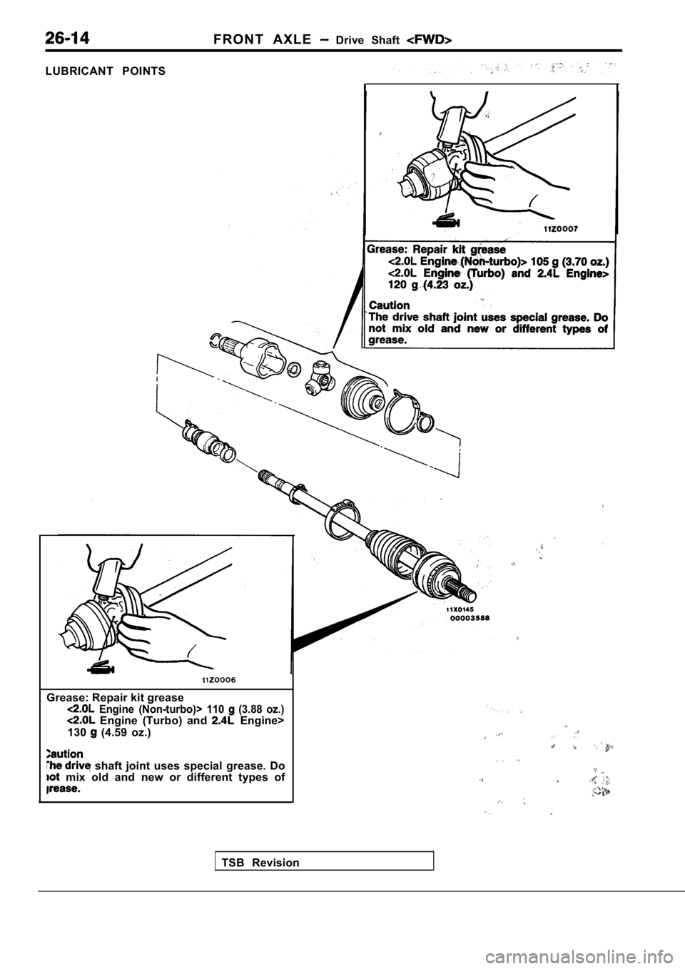 MITSUBISHI SPYDER 1990  Service Repair Manual F R O N T   A X L E    Drive  Shaft 
LUBRICANT  POINTSTSB  Revision
Grease: Repair kit grease
  Engine  (Non-turbo)>  110   (3.88  oz.)  Engine  (Turbo)  and   Engine>
130
  (4.59  oz.)
  shaft  joint