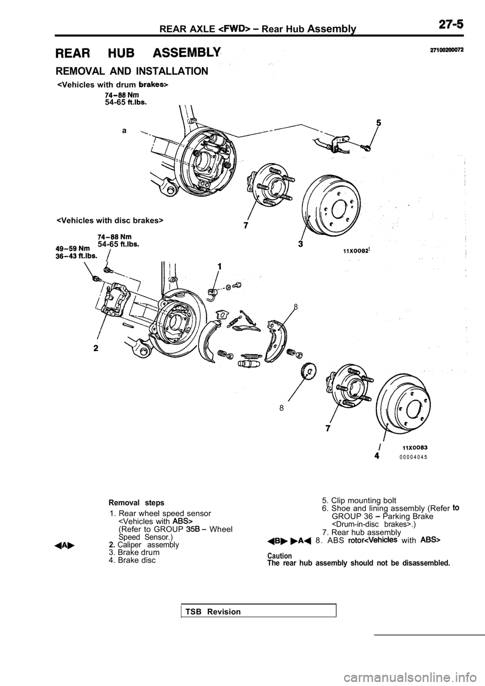 MITSUBISHI SPYDER 1990  Service Repair Manual REAR  AXLE  Rear Hub Assembly
REMOVAL  AND  INSTALLATION
<Vehicles  with  drum 
54-65
a
<Vehicles with disc brakes>
54-65
8
8
0 0 0 0 4 0 4 5
Removal  steps
1. Rear wheel speed sensor <Vehicles  with 