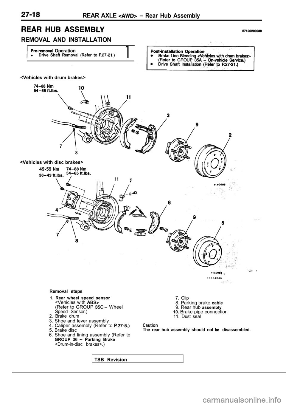 MITSUBISHI SPYDER 1990  Service Repair Manual REAR  AXLE   Rear  Hub  Assembly
REMOVAL  AND  INSTALLATION
  OperationlDrive  Shaft  Removal  (Refer  to 1
<Vehicles with drum brakes>
  Nm
7
8
<Vehicles with disc brakes>49-59
NmNm
11
Removal  steps