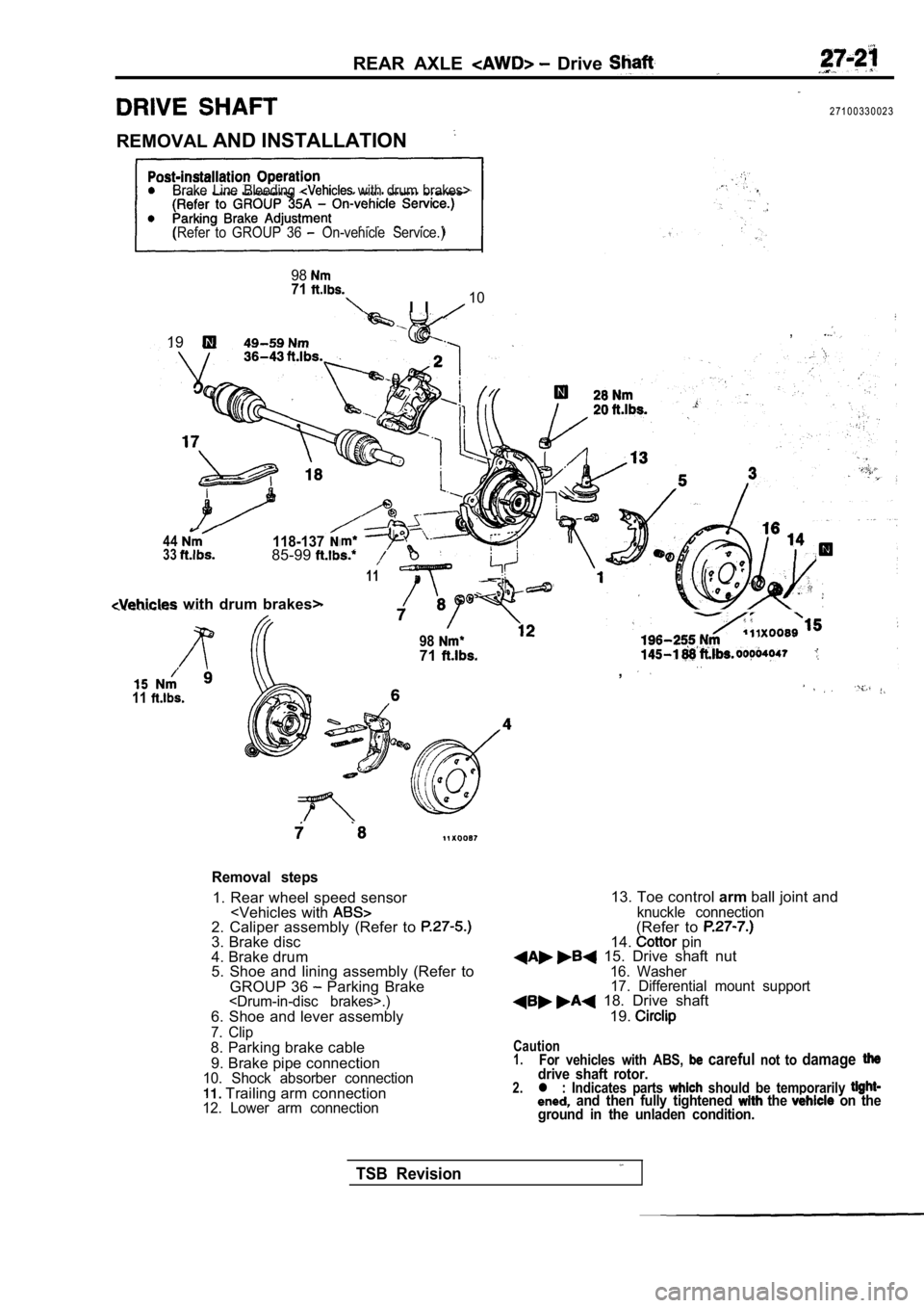 MITSUBISHI SPYDER 1990  Service Repair Manual REAR  AXLE   Drive 
2 7 1 0 0 3 3 0 0 2 3
REMOVAL AND INSTALLATION
Brake  Line  Bleeding   with  drum  brakes>
(Refer  to  GROUP  36 
  On-vehicle  Service.)
9871
I  I10
,19
44118-1373385-99
11
  with