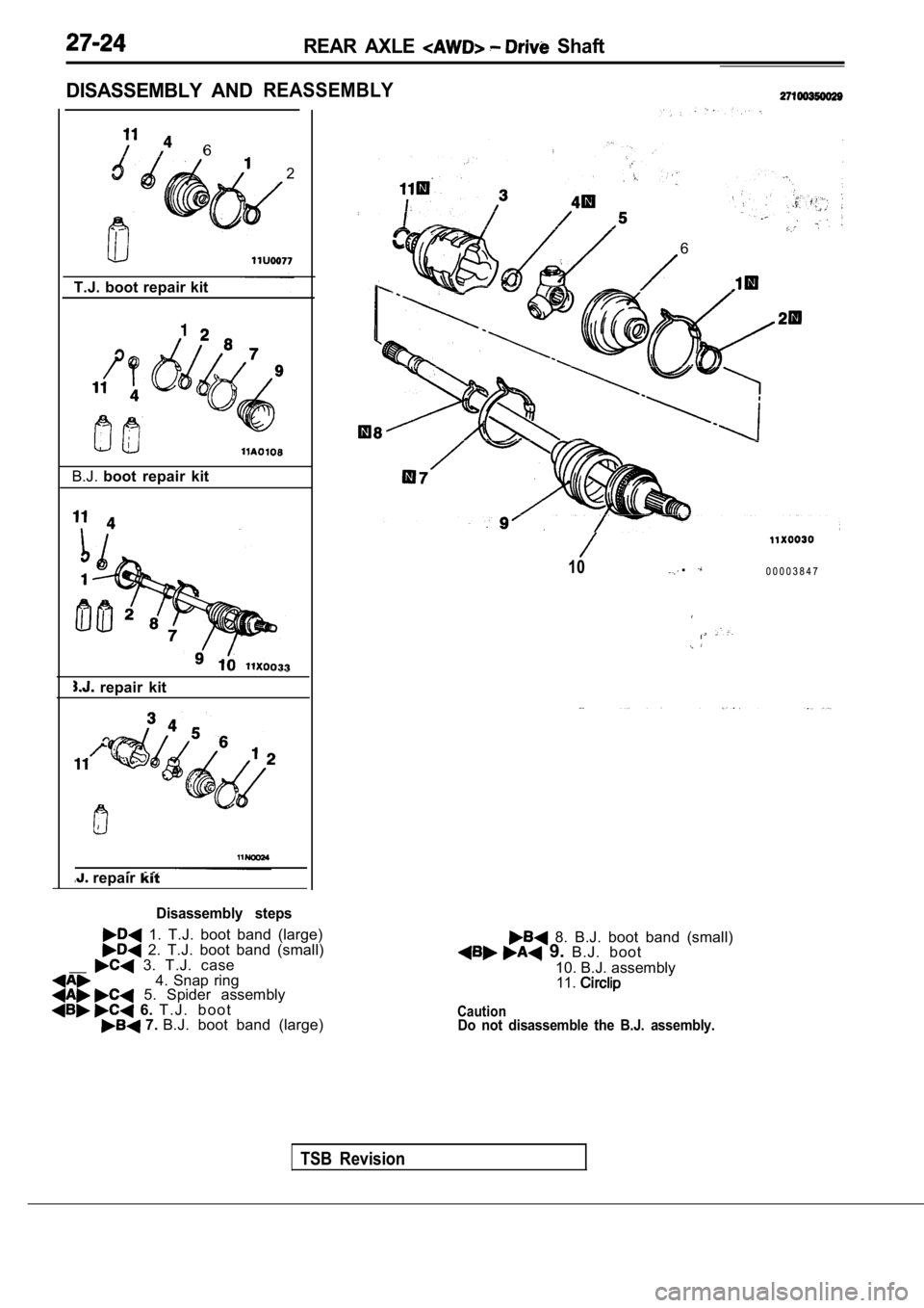 MITSUBISHI SPYDER 1990  Service Repair Manual REAR  AXLE   Shaft
DISASSEMBLY  AND
REASSEMBLY
6 2
T.J. boot repair kit
B.J. boot  repair  kit
  repair  kit
 repair  kit
Disassembly  steps
  1.  T.J.  boot  band  (large)  2.  T.J.  boot  band  (sma