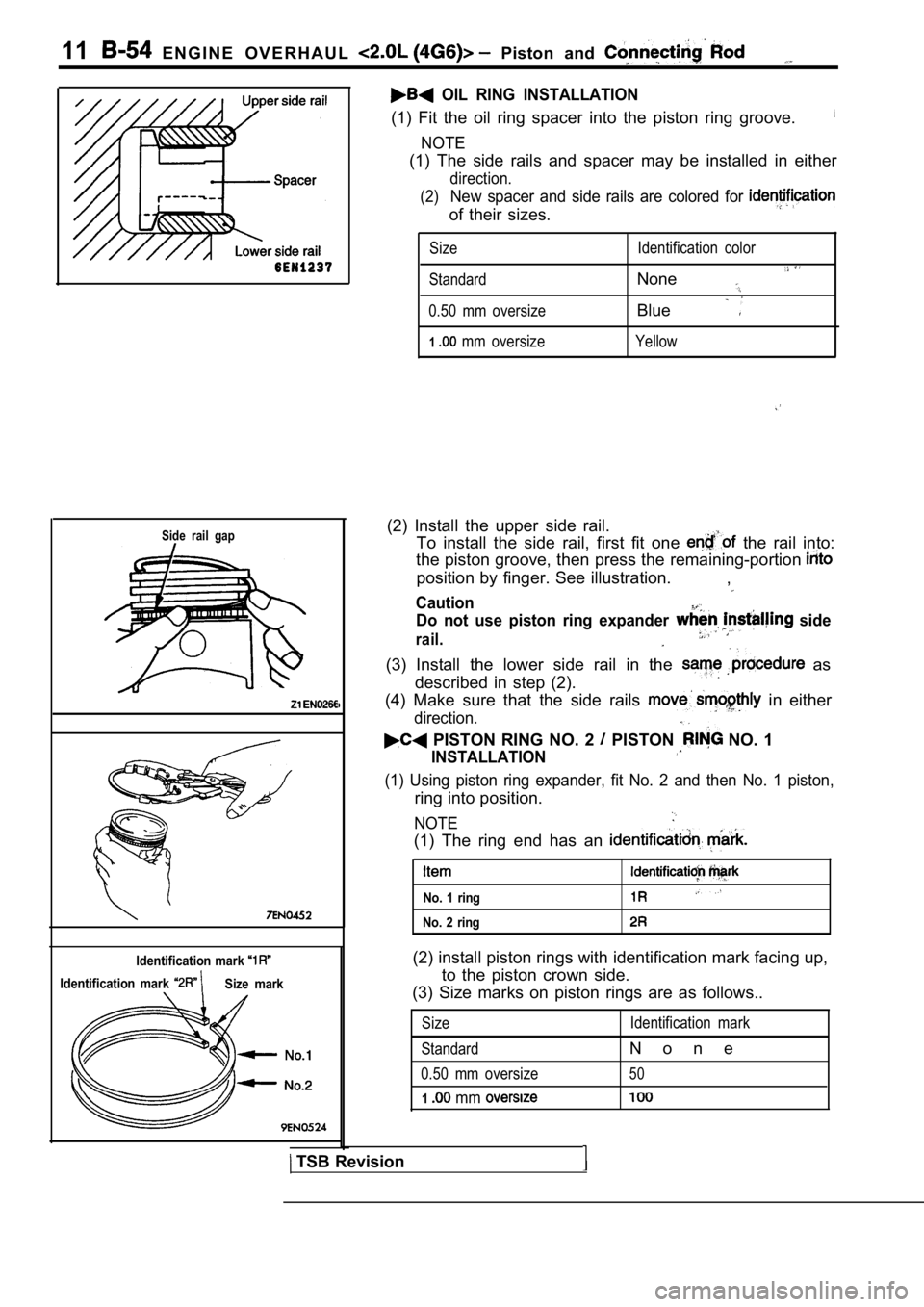 MITSUBISHI SPYDER 1990 Service Repair Manual 11 E N G I N E O V E R H A U L Piston and
Side rail gap
Identification mark
Identification mark Size mark
OIL RING INSTALLATION
(1) Fit the oil ring spacer into the piston r MITSUBISHI SPYDER 1990 Service Repair Manual 11 E N G I N E O V E R H A U L Piston and
Side rail gap
Identification mark
Identification mark Size mark
OIL RING INSTALLATION
(1) Fit the oil ring spacer into the piston r