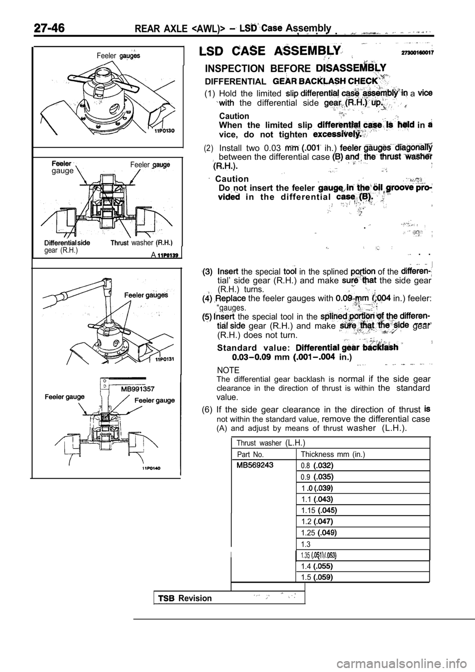 MITSUBISHI SPYDER 1990  Service Repair Manual REAR  AXLE  <AWL)>  Assembly,  .  .  . 
Feeler
Feelergauge
gear  (R.H.)  washer .
A
INSPECTION  BEFORE 
DIFFERENTIAL
(1)  Hold  the  limited  a 
  the  differential  side 
Caution
When  the  limited  