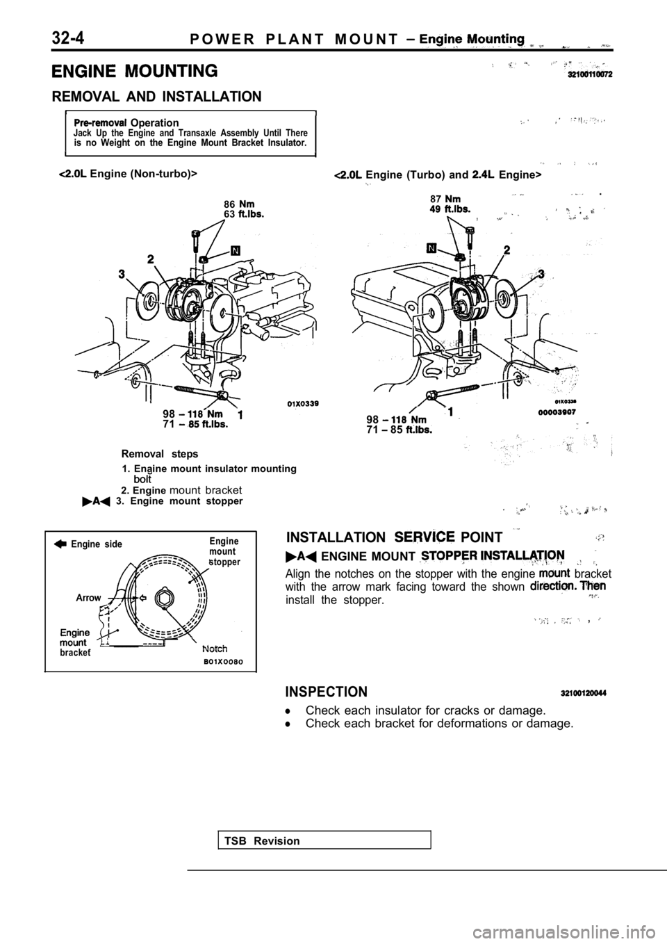 MITSUBISHI SPYDER 1990  Service Repair Manual 32-4P O W E R   P L A N T   M O U N T  
REMOVAL  AND  INSTALLATION
  OperationJack  Up  the  Engine  and  Transaxle  Assembly  Until  Thereis  no  Weight  on  the  Engine  Mount  Bracket  Insulator.
 