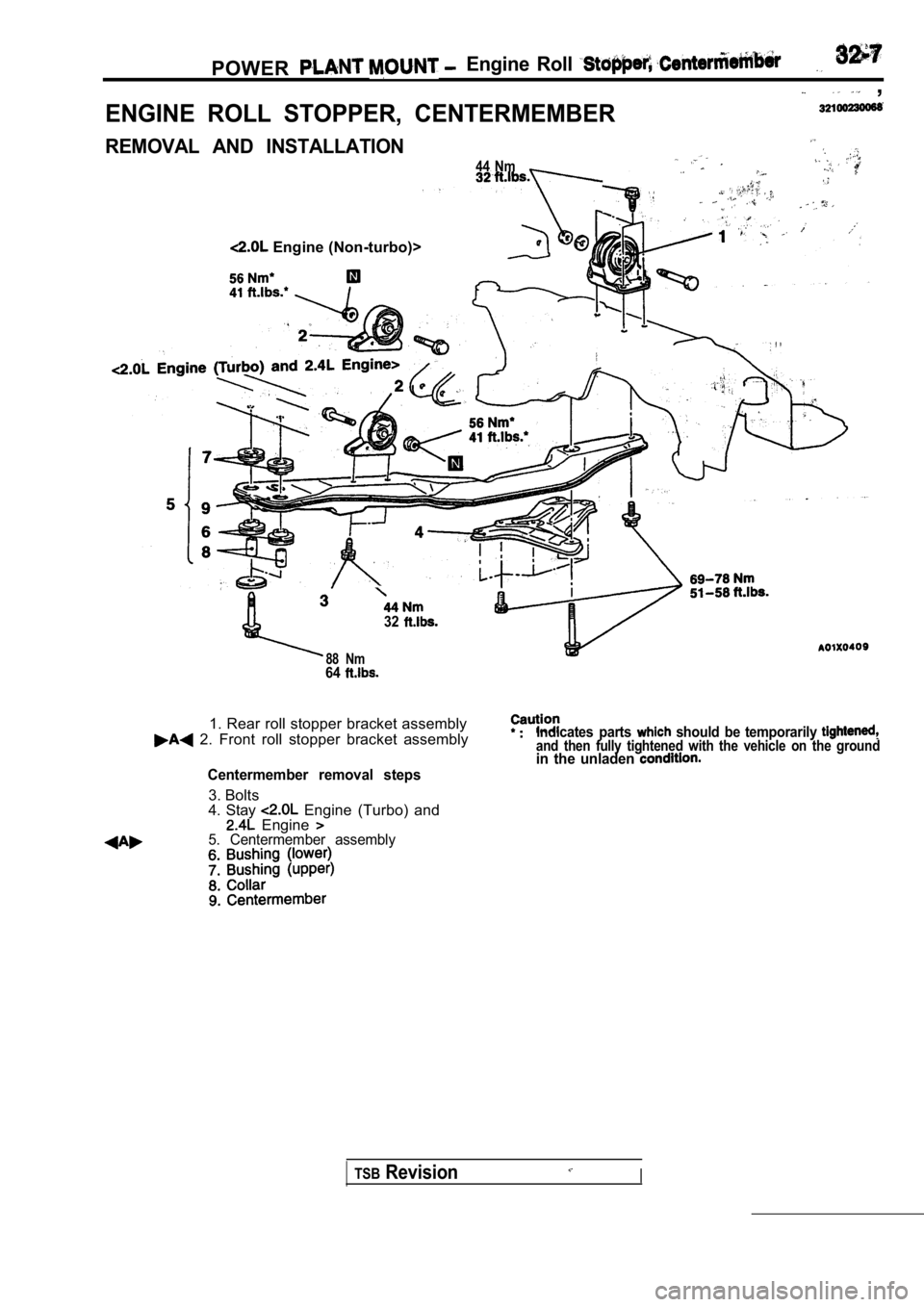 MITSUBISHI SPYDER 1990  Service Repair Manual POWEREngine  Roll 
  ,
ENGINE  ROLL  STOPPER,  CENTERMEMBER
REMOVAL  AND  INSTALLATION
44  Nm
 Engine (Non-turbo)>
32
88  Nm64
1. Rear roll stopper bracket assembly
  2.  Front  roll  stopper  bracket