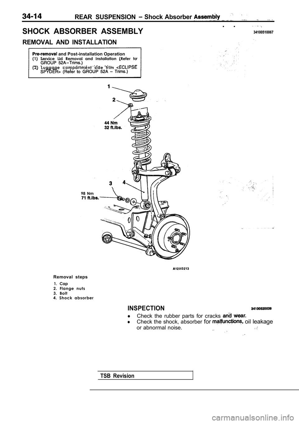 MITSUBISHI SPYDER 1990  Service Repair Manual REAR  SUSPENSION  Shock  Absorber 
.  .
SHOCK  ABSORBER  ASSEMBLY34100510067
REMOVAL  AND  INSTALLATION
 and Post-installation Operation
(1)  Service  Lid  Removal  and  Installation  (Refer  to 
( 2 