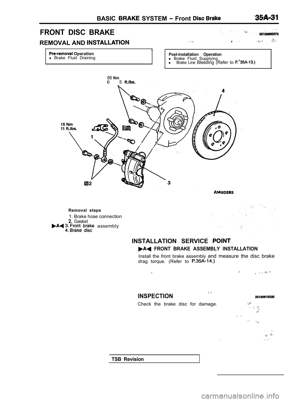 MITSUBISHI SPYDER 1990  Service Repair Manual BASIC  SYSTEM   Front 
FRONT  DISC  BRAKE
REMOVAL AND ,
I1I Operation
l  Brake  Fluid  DrainingPost-installation  Operationl Brake  Fluid  Supplying
lBrake  Line Bleeding  (Refer  to 
I
88Nm6 5
Remova