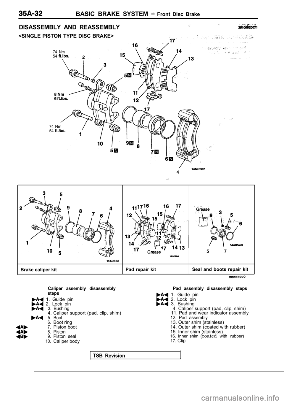 MITSUBISHI SPYDER 1990  Service Repair Manual BASIC  BRAKE  SYSTEM   Front  Disc  Brake
DISASSEMBLY  AND  REASSEMBLY
<SINGLE  PISTON  TYPE  DISC  BRAKE>
74  Nm542
74  Nm 
54
4
5  7
Brake caliper kitPad  repair  kit
Seal  and  boots  repair  kit
C