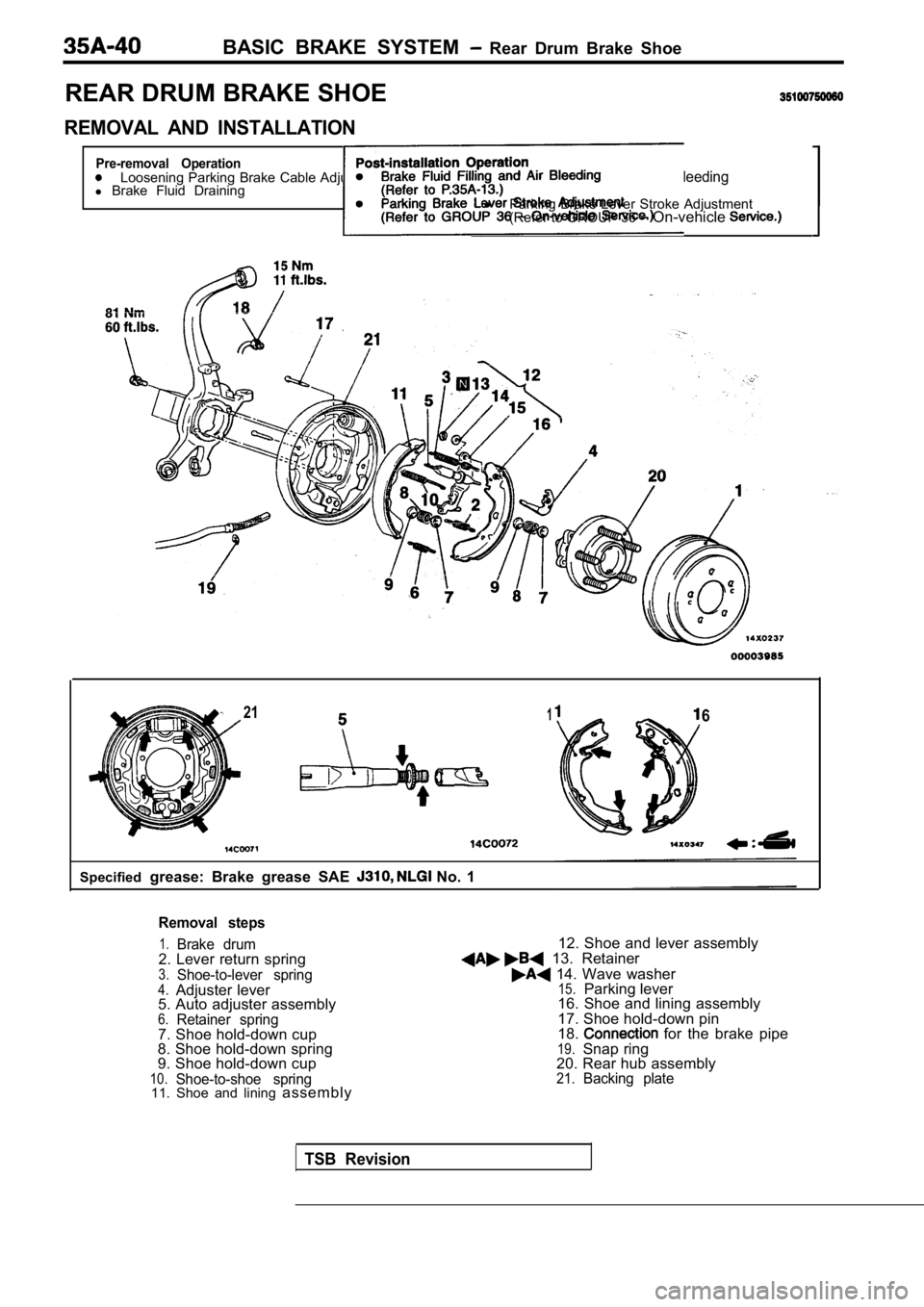 MITSUBISHI SPYDER 1990  Service Repair Manual BASIC  BRAKE  SYSTEM   Rear  Drum  Brake  Shoe
REAR DRUM BRAKE SHOE
REMOVAL  AND  INSTALLATION
Pre-removal  OperationLoosening Parking Brake Cable Adjusting Nut. lBrake  Fluid  Filling  and Air  Bleed