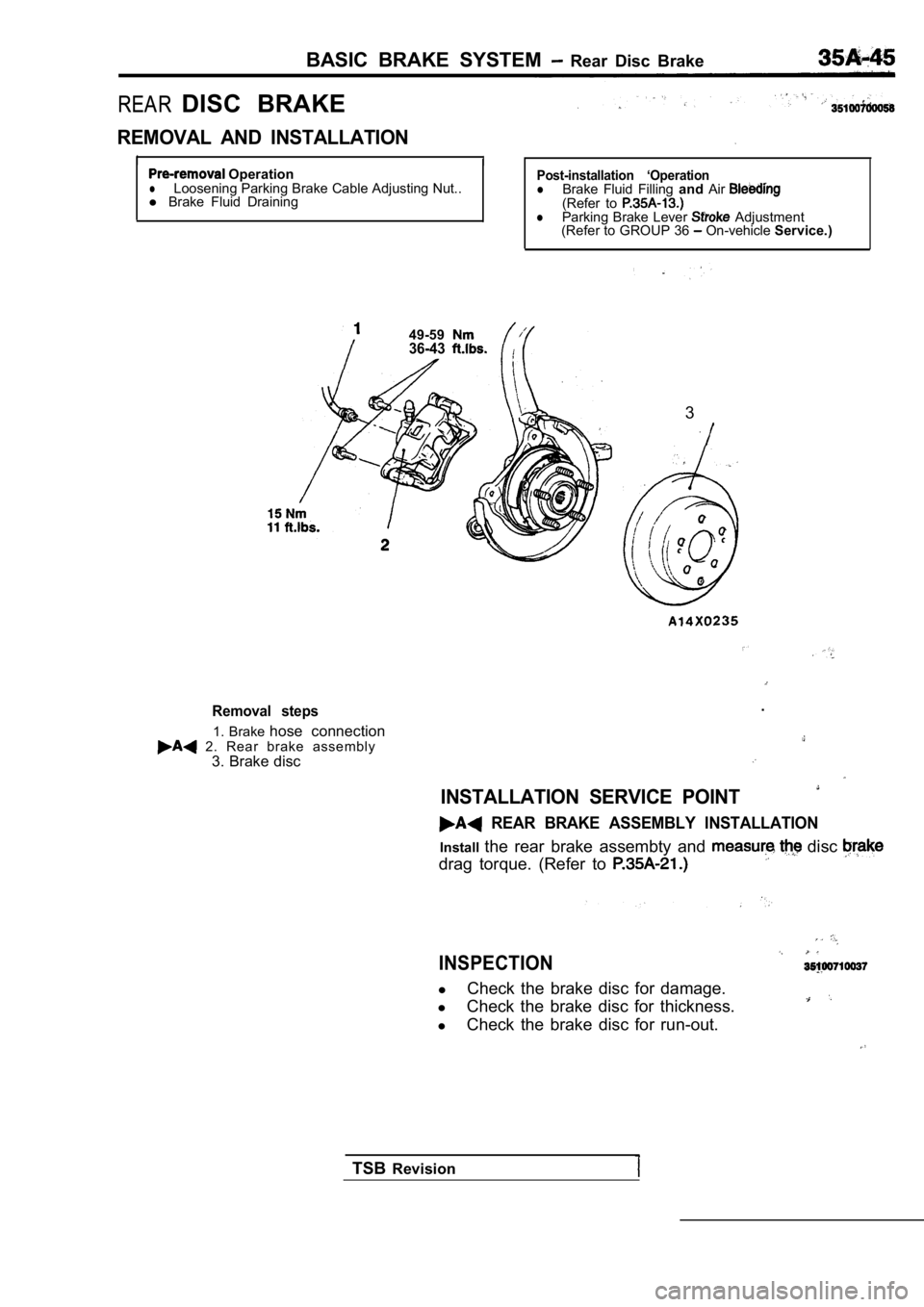 MITSUBISHI SPYDER 1990  Service Repair Manual BASIC  BRAKE  SYSTEM   Rear  Disc  Brake
REAR DISC  BRAKE
REMOVAL  AND  INSTALLATION
I
I OperationlLoosening Parking Brake Cable Adjusting Nut..
l  Brake  Fluid  DrainingPost-installation  ‘Operatio