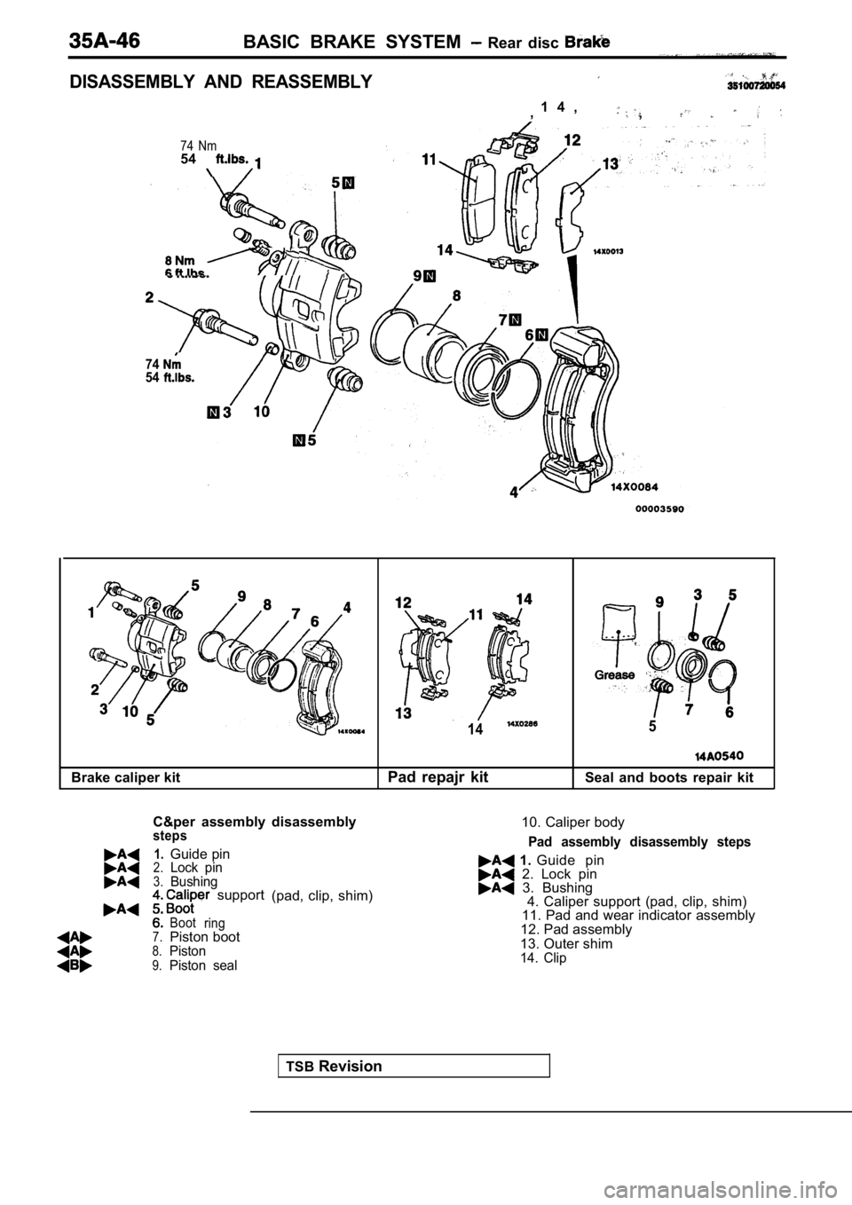 MITSUBISHI SPYDER 1990  Service Repair Manual BASIC  BRAKE  SYSTEM   Rear  disc 
DISASSEMBLY  AND  REASSEMBLY
1 4 ,
,,
74  Nm54
7454
Brake caliper kit
14
Pad  repajr  kit
5
Seal  and  boots  repair  kit
TSB Revision
C&per  assembly  disassembly
1