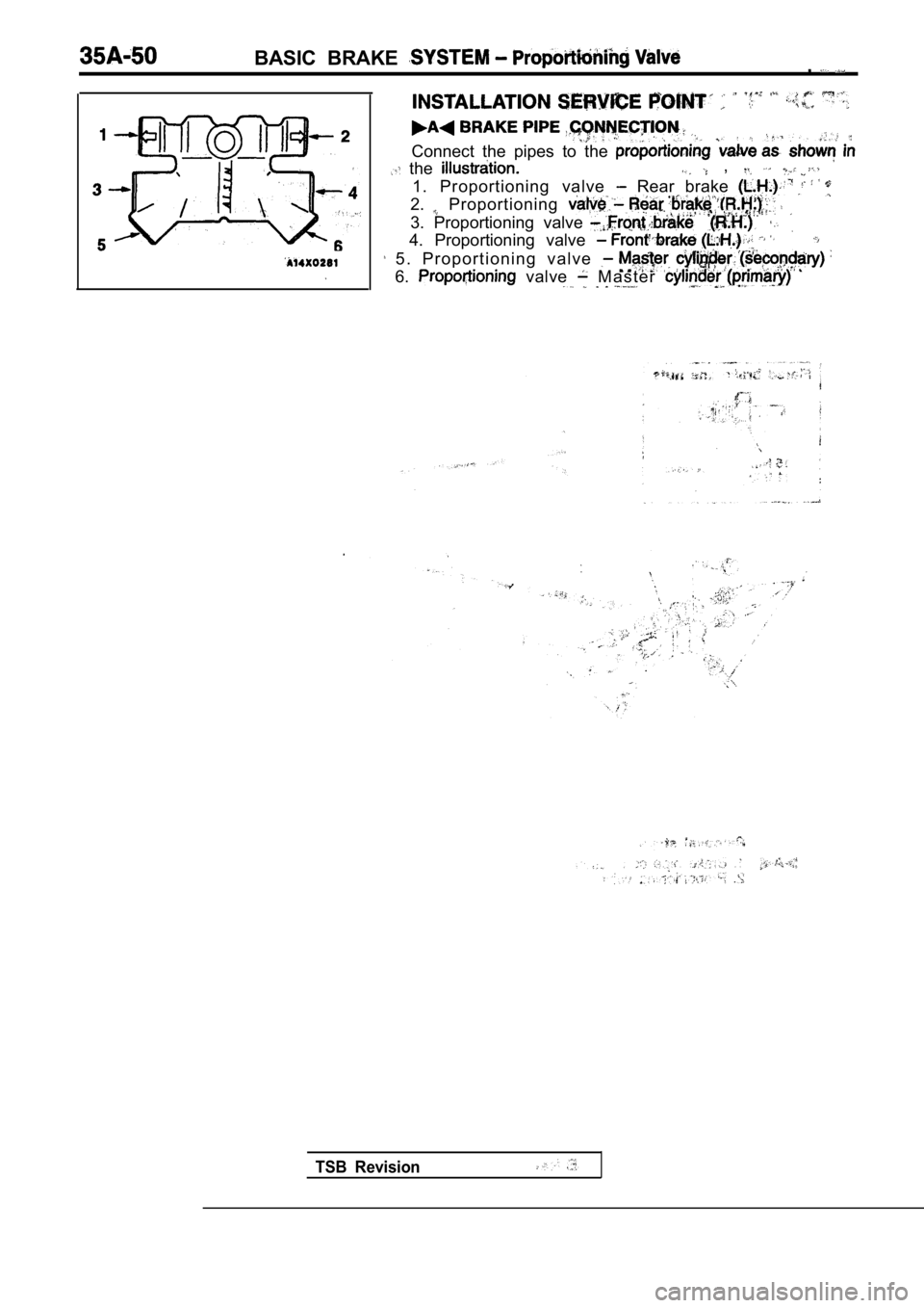 MITSUBISHI SPYDER 1990  Service Repair Manual BASIC  BRAKE ,
Connect  the  pipes  to  the 
  the   , 
1.  Proportioning  valve   Rear  brake 
2.  Proportioning 
3.  Proportioning  valve
4.  Proportioning  valve 
  5 .   P r o p o r t i o n i n g 