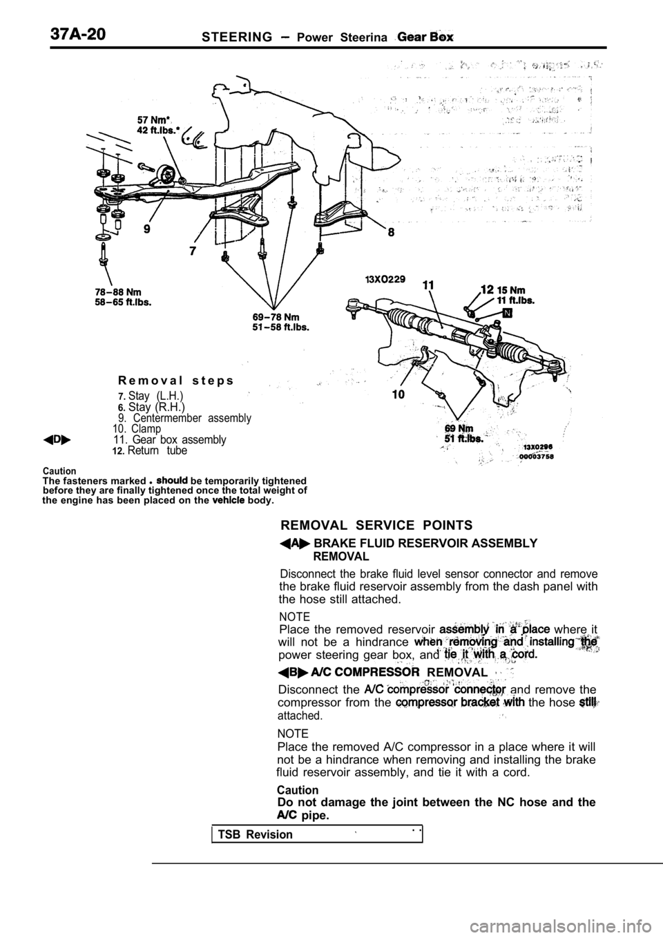 MITSUBISHI SPYDER 1990  Service Repair Manual STEERING  Power  Steerina 
R e m o v a l   s t e p s
7.Stay  (L.H.)
6.Stay  (R.H.)
Caution
9.  Centermember  assembly
10.  Clamp
11.  Gear  box  assembly12.Return  tube
The fasteners marked  l  be tem