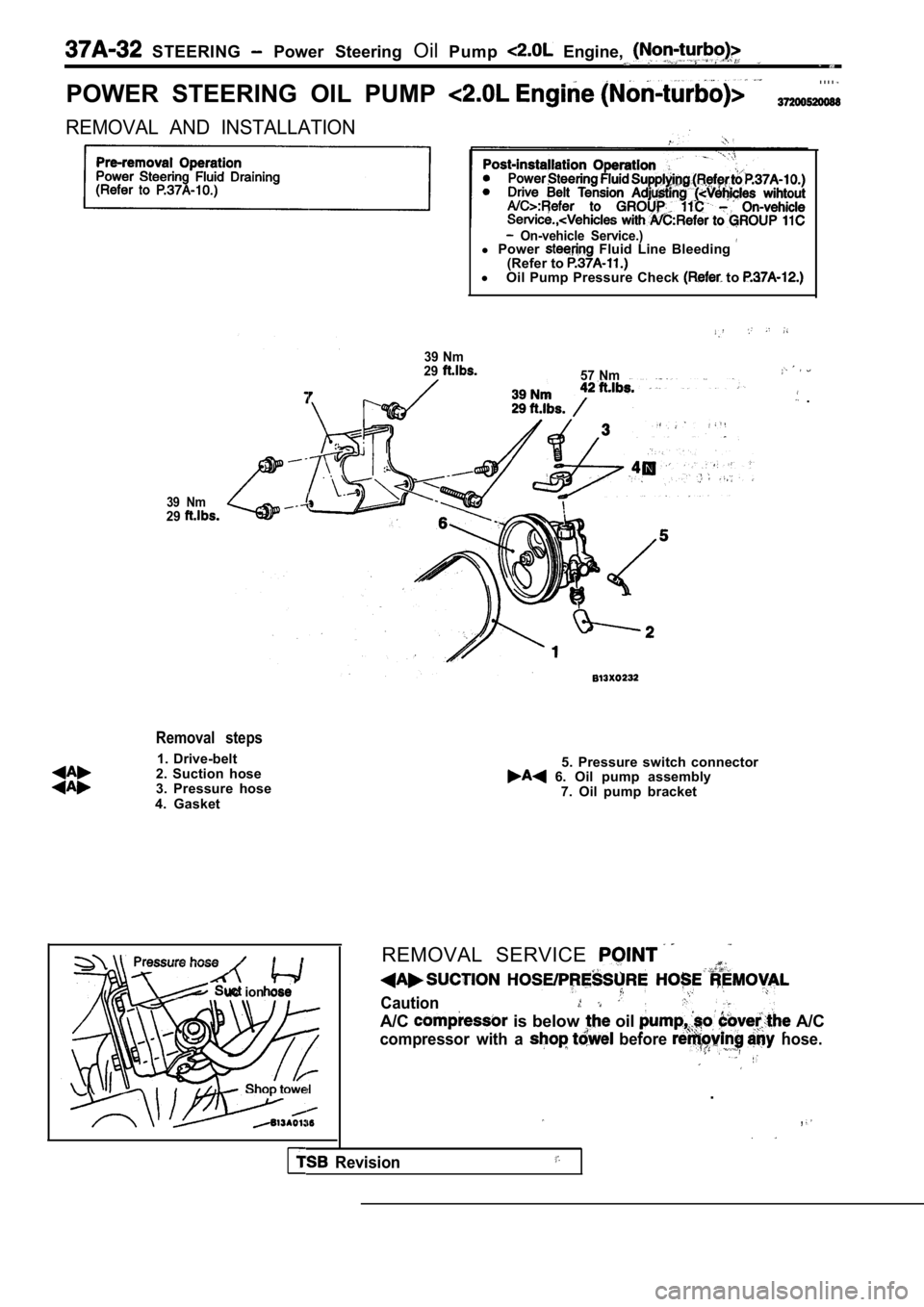 MITSUBISHI SPYDER 1990  Service Repair Manual   STEERING   Power  Steering OilPump  Engine, 
POWER  STEERING  OIL  PUMP 
. . . . 
REMOVAL  AND  INSTALLATION
  On-vehicle  Service.)l Power  Fluid  Line  Bleeding (Refer to l
Oil  Pump  Pressure  Ch