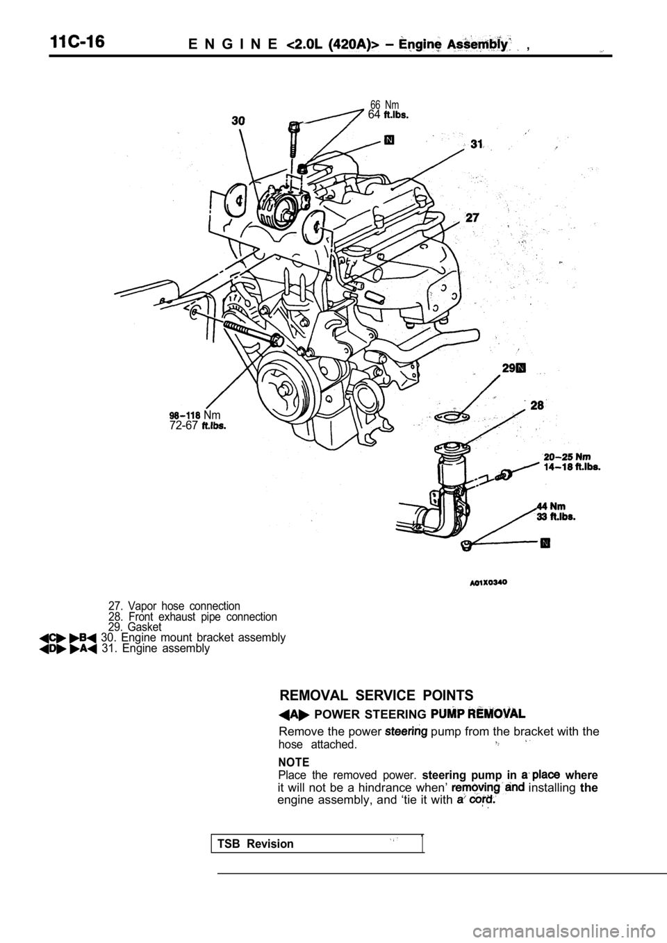 MITSUBISHI SPYDER 1990  Service Repair Manual E N G I N E  ,
66  Nm 64 
 Nm72-67
27.  Vapor  hose  connection 
28.  Front  exhaust  pipe  connection
29.  Gasket
  30.  Engine  mount  bracket  assembly  31.  Engine  assembly
REMOVAL  SERVICE  POIN