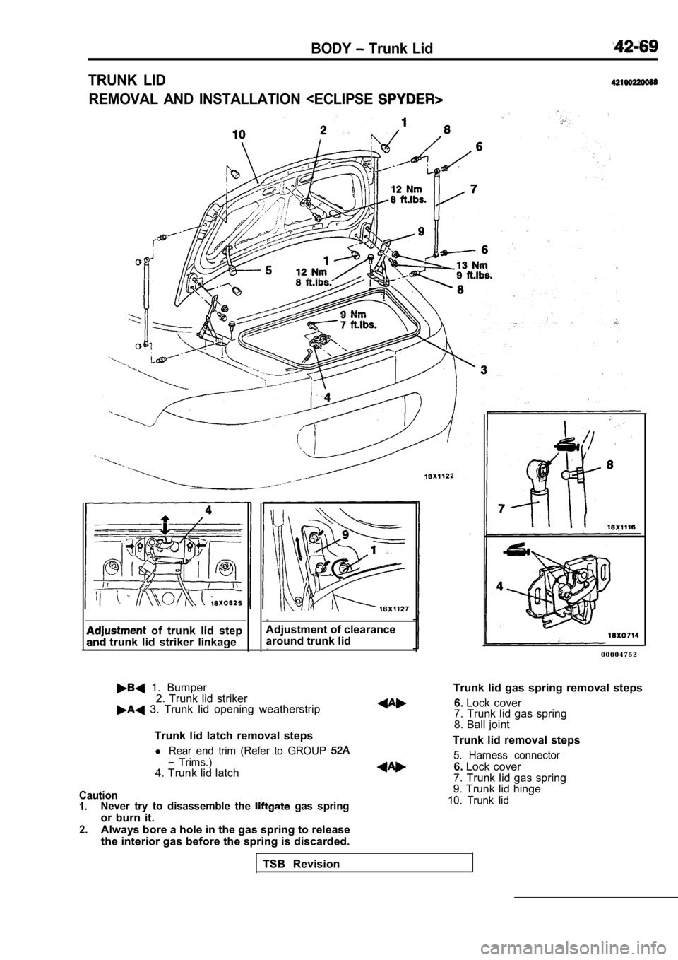 MITSUBISHI SPYDER 1990  Service Repair Manual BODY Trunk Lid
TRUNK  LID
REMOVAL  AND  INSTALLATION  <ECLIPSE 
  of  trunk  lid  step
  trunk  lid  striker  linkageAdjustment of clearance 
around trunk lid
  1.  Bumper
2.  Trunk  lid  striker
  3.