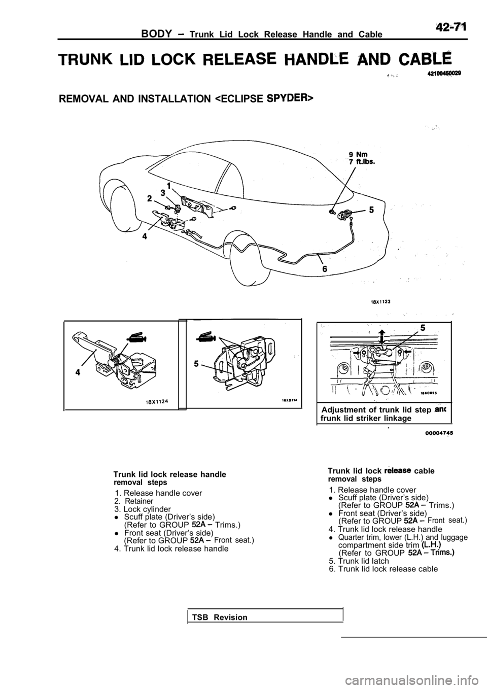 MITSUBISHI SPYDER 1990  Service Repair Manual BODY  Trunk  Lid  Lock  Release  Handle  and  Cable
REMOVAL  AND  INSTALLATION  <ECLIPSE 
Trunk  lid  lock  release  handleremoval  steps
1. Release handle cover2.  Retainer3. Lock cylinder
l  Scuff p