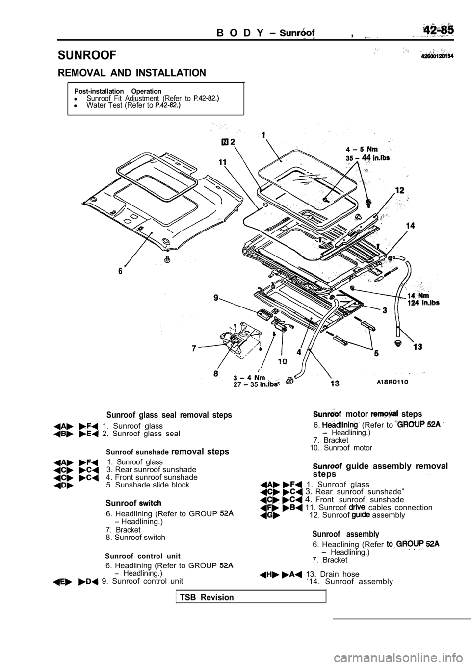 MITSUBISHI SPYDER 1990  Service Repair Manual B O D Y,
SUNROOF
REMOVAL  AND  INSTALLATION
Post-installation  OperationlSunroof  Fit  Adjustment  (Refer  to lWater Test (Refer to 
 44  44 
66
27 35 
Sunroof  glass  seal  removal  steps
  1.  Sunro