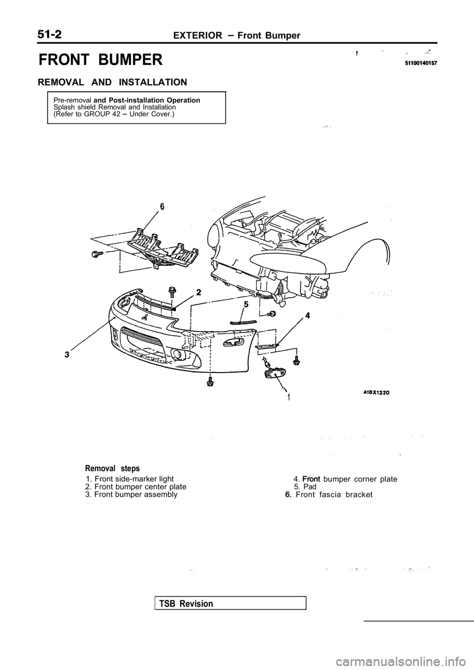 MITSUBISHI SPYDER 1990  Service Repair Manual EXTERIOR  Front  Bumper
FRONT  BUMPER
 ,
REMOVAL  AND  INSTALLATIONPre-removal and  Post-installation  Operation
Splash  shield  Removal  and  Installation 
(Refer  to  GROUP  42 
  Under  Cover.)
6
1