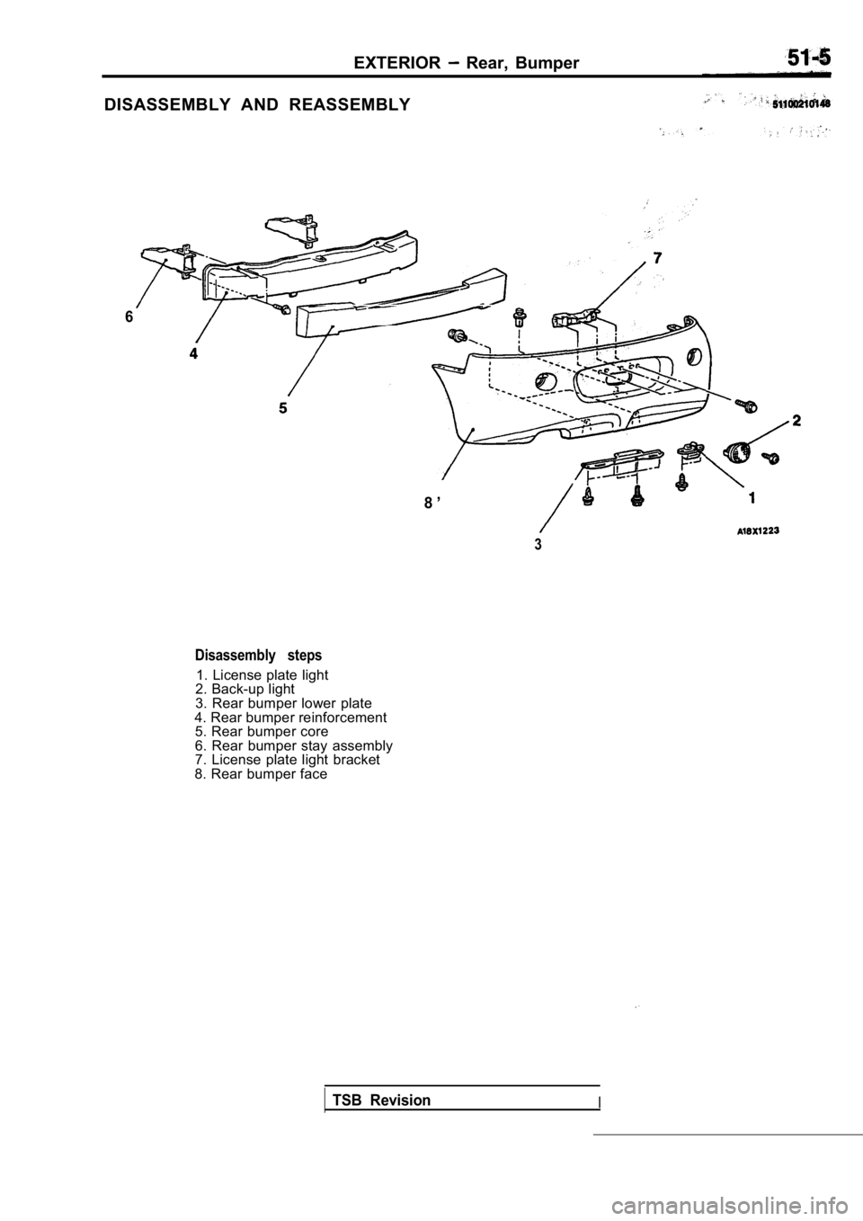 MITSUBISHI SPYDER 1990  Service Repair Manual EXTERIOR  Rear,  Bumper
DISASSEMBLY  AND  REASSEMBLY
6
8 ’
3
Disassembly  steps
1. License plate light
2. Back-up light 
3. Rear bumper lower plate
4. Rear bumper reinforcement 5. Rear bumper core
6