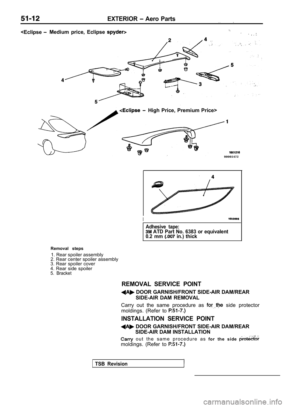 MITSUBISHI SPYDER 1990  Service Repair Manual EXTERIOR  Aero  Parts
<EclipseMedium  price,  Eclipse 
High  Price,  Premium  Price>
0 0 0 0 5 4 7 2
Removal  steps 1. Rear spoiler assembly
2. Rear center spoiler assembly
3.  Rear  spoiler  cover 
4