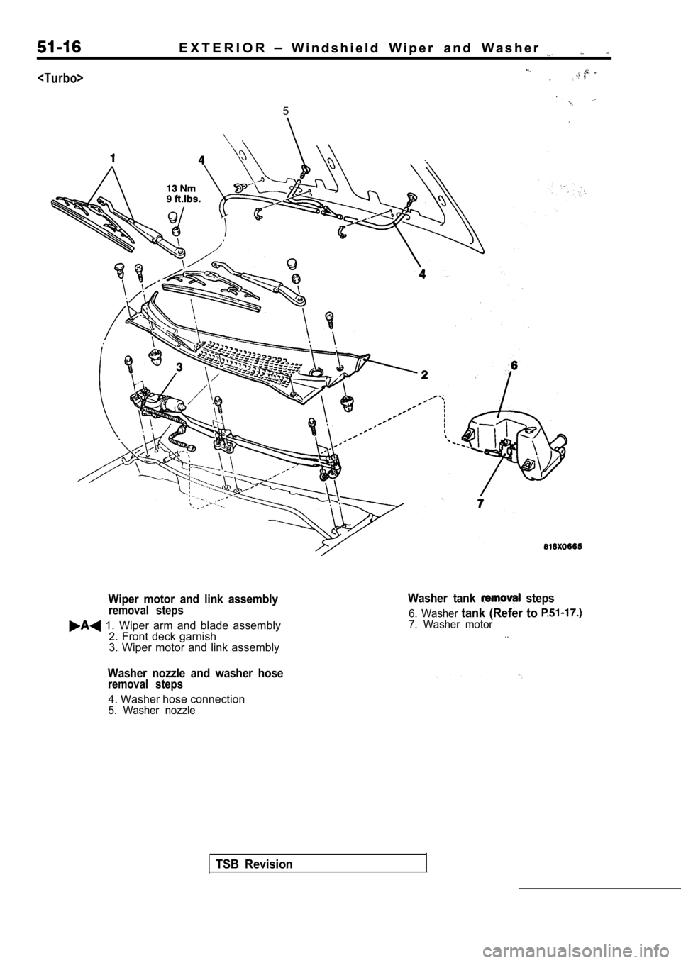 MITSUBISHI SPYDER 1990  Service Repair Manual <Turbo>
E X T E R I O R  W i n d s h i e l d   W i p e r   a n d   W a s h e r  
 ,
5
Wiper  motor  and  link  assemblyremoval  steps
  1.  Wiper  arm  and  blade  assembly2. Front deck garnish 
3.  W