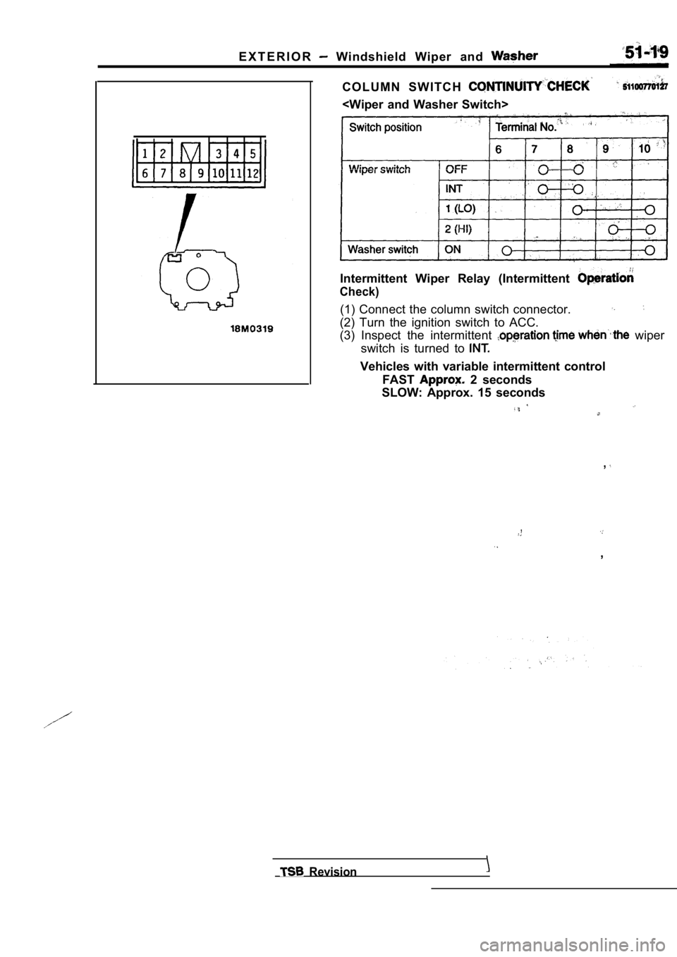 MITSUBISHI SPYDER 1990  Service Repair Manual E X T E R I O R  Windshield  Wiper  and 
C O L U M N   S W I T C H  
<Wiper  and  Washer  Switch>
Intermittent  Wiper  Relay  (Intermittent 
Check)
(1)  Connect  the  column  switch  connector.
(2)  T