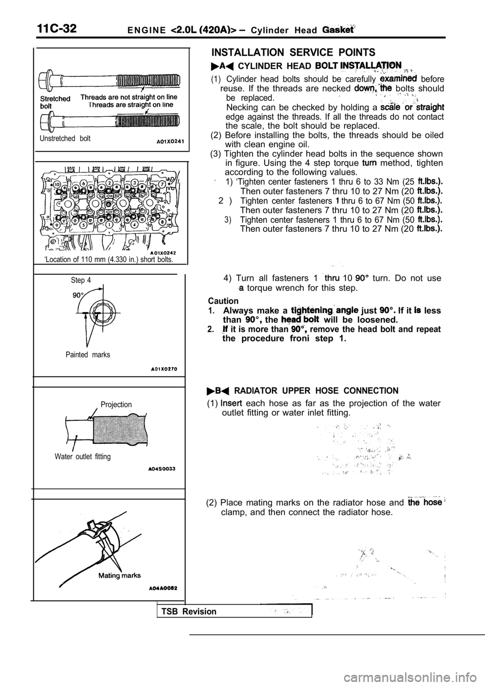 MITSUBISHI SPYDER 1990 Service Repair Manual E N G I N E Cylinder Head
Unstretched bolt
‘Location of 110 mm (4.330 in.) short bolts.Step 4
Painted marks
Projection
Water outlet fitting
INSTALLATION SERVICE POINTS
CYLINDER MITSUBISHI SPYDER 1990 Service Repair Manual E N G I N E Cylinder Head
Unstretched bolt
‘Location of 110 mm (4.330 in.) short bolts.Step 4
Painted marks
Projection
Water outlet fitting
INSTALLATION SERVICE POINTS
CYLINDER