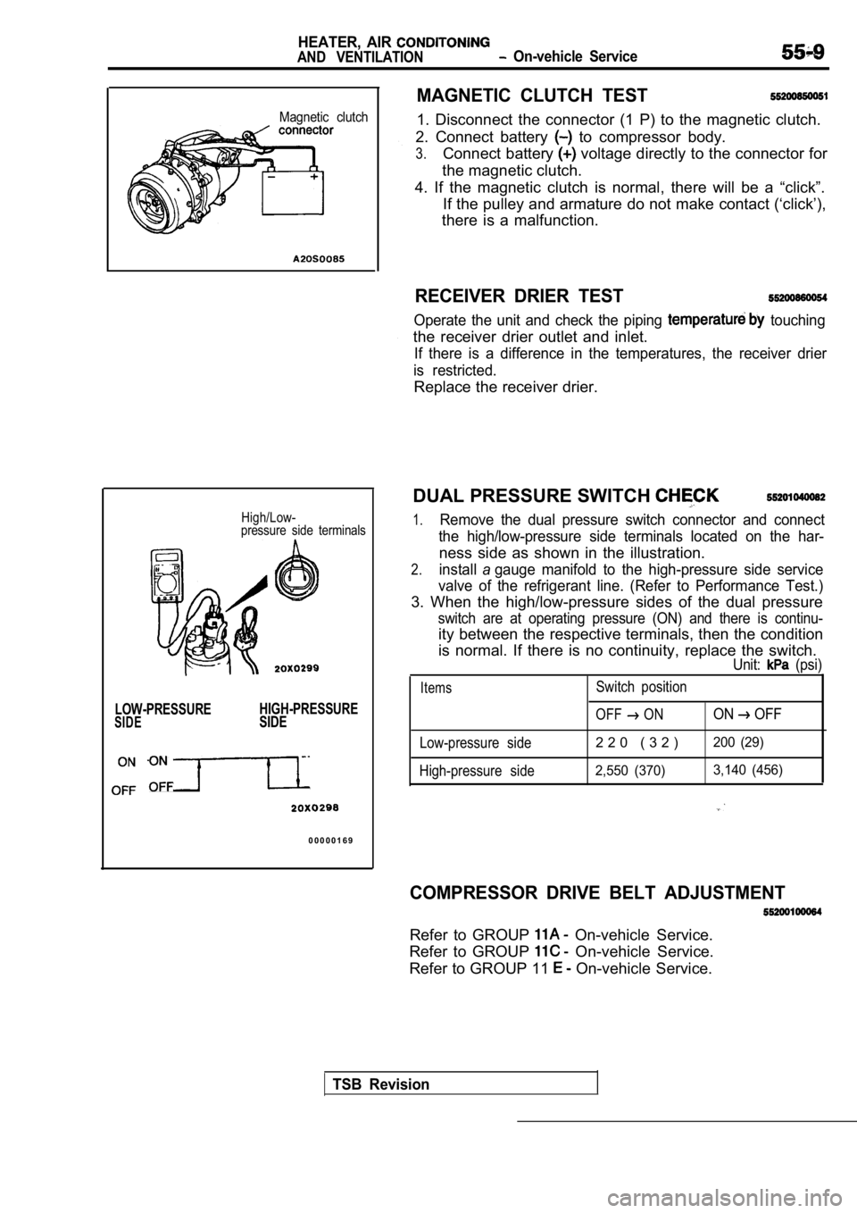 MITSUBISHI SPYDER 1990 Service Repair Manual HEATER, AIR
AND VENTILATION On-vehicle Service
Magnetic clutch
High/Low-
pressure side terminals
LOW-PRESSURE HIGH-PRESSURESIDESIDE
0 0 0 0 0 1 6 9
MAGNETIC CLUTCH TEST
1. Disconnect the MITSUBISHI SPYDER 1990 Service Repair Manual HEATER, AIR
AND VENTILATION On-vehicle Service
Magnetic clutch
High/Low-
pressure side terminals
LOW-PRESSURE HIGH-PRESSURESIDESIDE
0 0 0 0 0 1 6 9
MAGNETIC CLUTCH TEST
1. Disconnect the