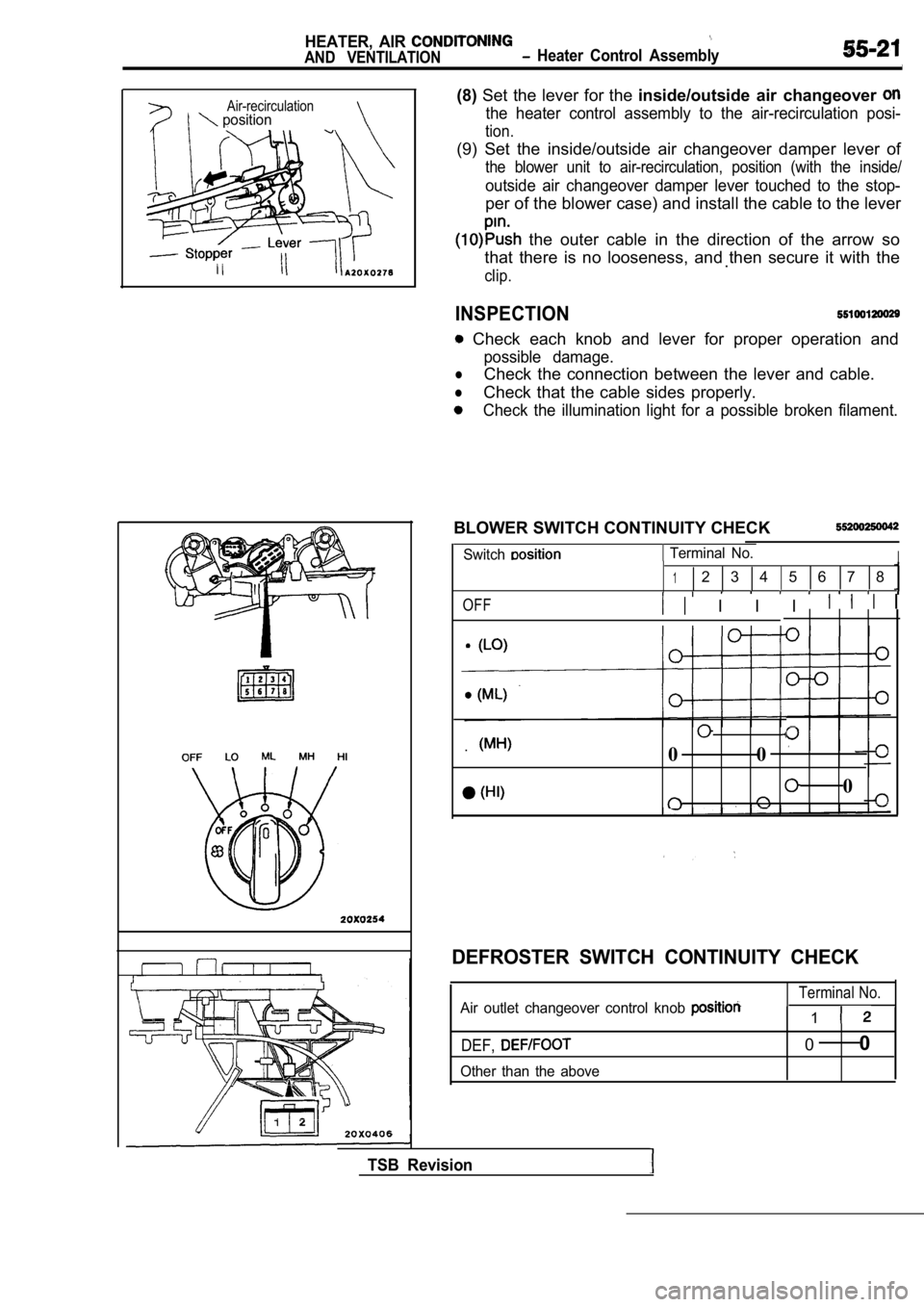 MITSUBISHI SPYDER 1990 Service Repair Manual Air-recirculation position
HEATER, AIR
AND VENTILATION Heater Control Assembly
(8)Set the lever for the inside/outside air changeover
the heater control assembly to the air-recirculati MITSUBISHI SPYDER 1990 Service Repair Manual Air-recirculation position
HEATER, AIR
AND VENTILATION Heater Control Assembly
(8)Set the lever for the inside/outside air changeover
the heater control assembly to the air-recirculati