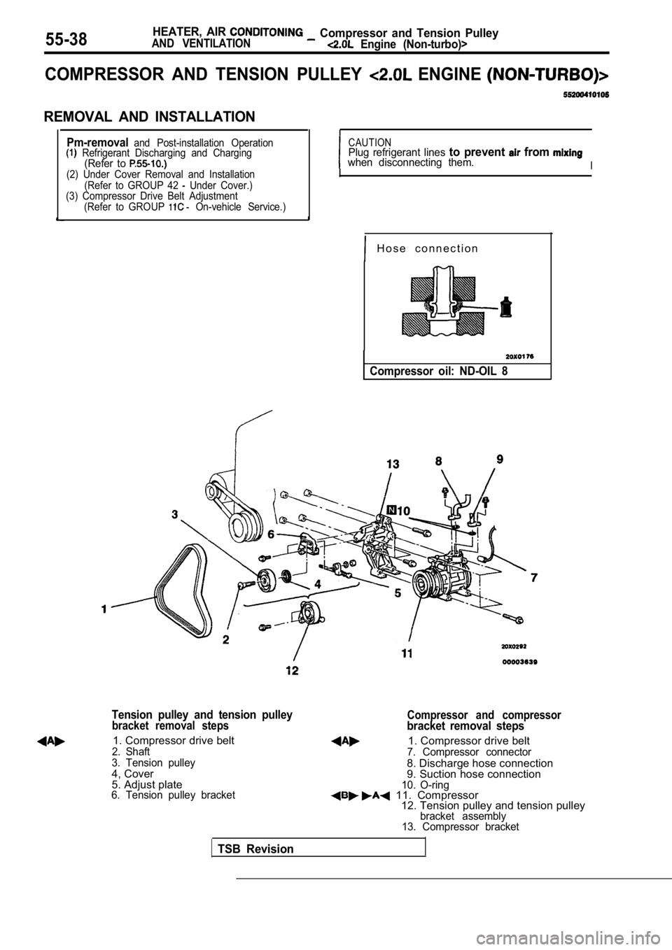 MITSUBISHI SPYDER 1990  Service Repair Manual 55-38HEATER,  AIR 
AND  VENTILATION  Compressor  and  Tension  Pulley  Engine  (Non-turbo)>
COMPRESSOR  AND  TENSION  PULLEY   ENGINE 
REMOVAL  AND  INSTALLATION
Pm-removaland  Post-installation  Oper