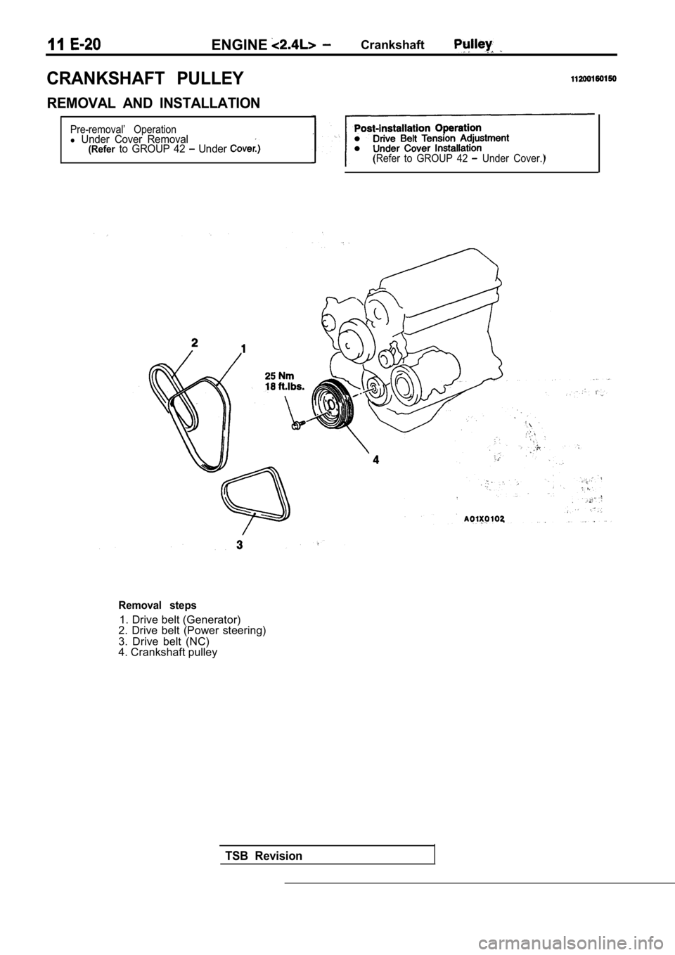 MITSUBISHI SPYDER 1990  Service Repair Manual 11ENGINE  Crankshaft 
CRANKSHAFT  PULLEY
REMOVAL  AND  INSTALLATION
Pre-removal’  Operationl Under  Cover  Removal(Referto  GROUP  42   Under (Refer  to  GROUP  42   Under  Cover.)
TSB  Revision
Rem